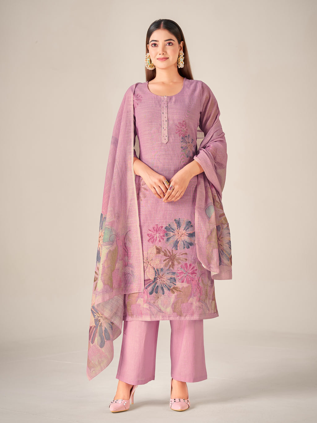 IOLY Women Floral Hand Work Printed Regular Linen Kurta with Trousers & With Dupatta
