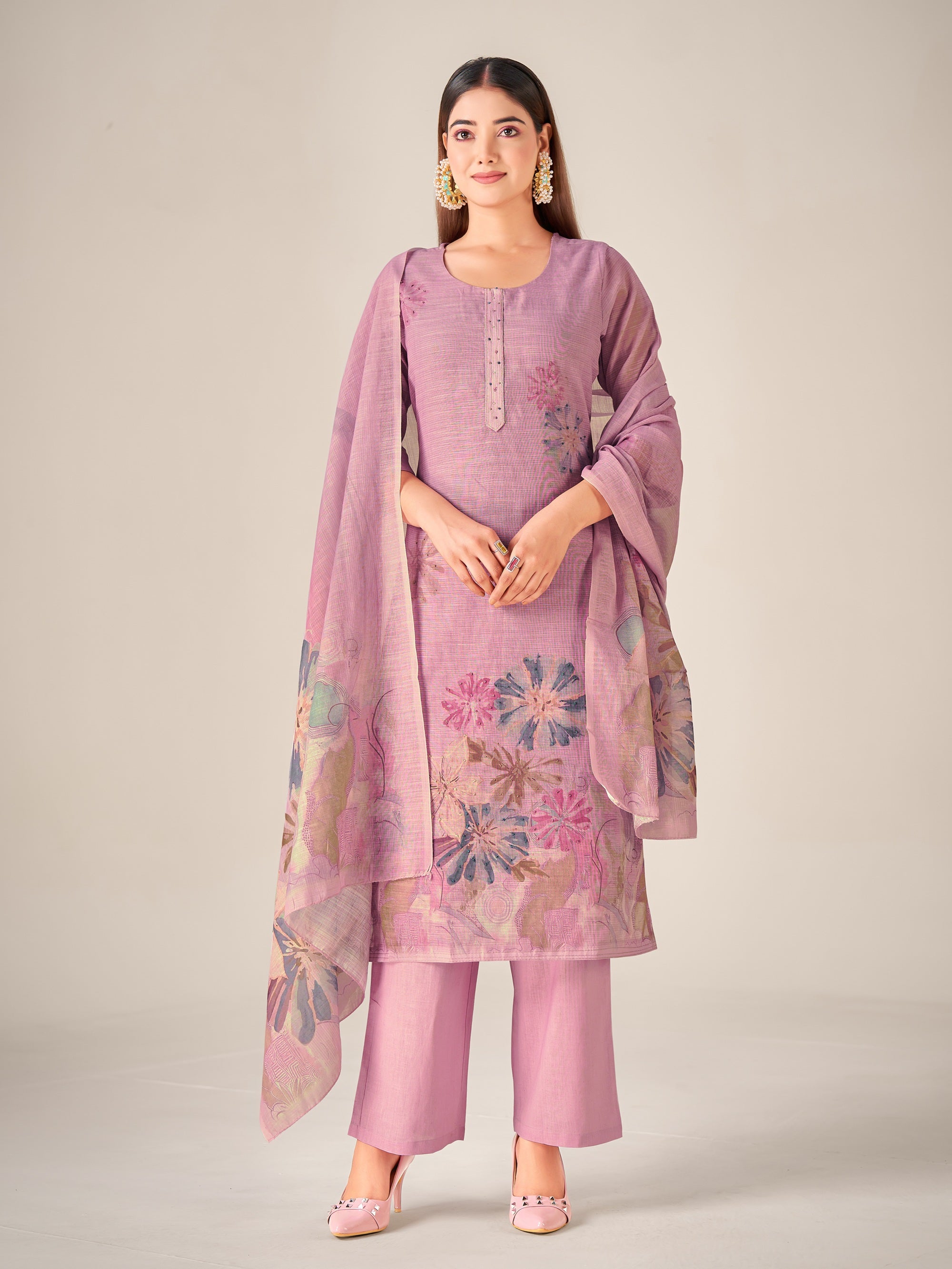IOLY Women Floral Hand Work Printed Regular Linen Kurta with Trousers & With Dupatta