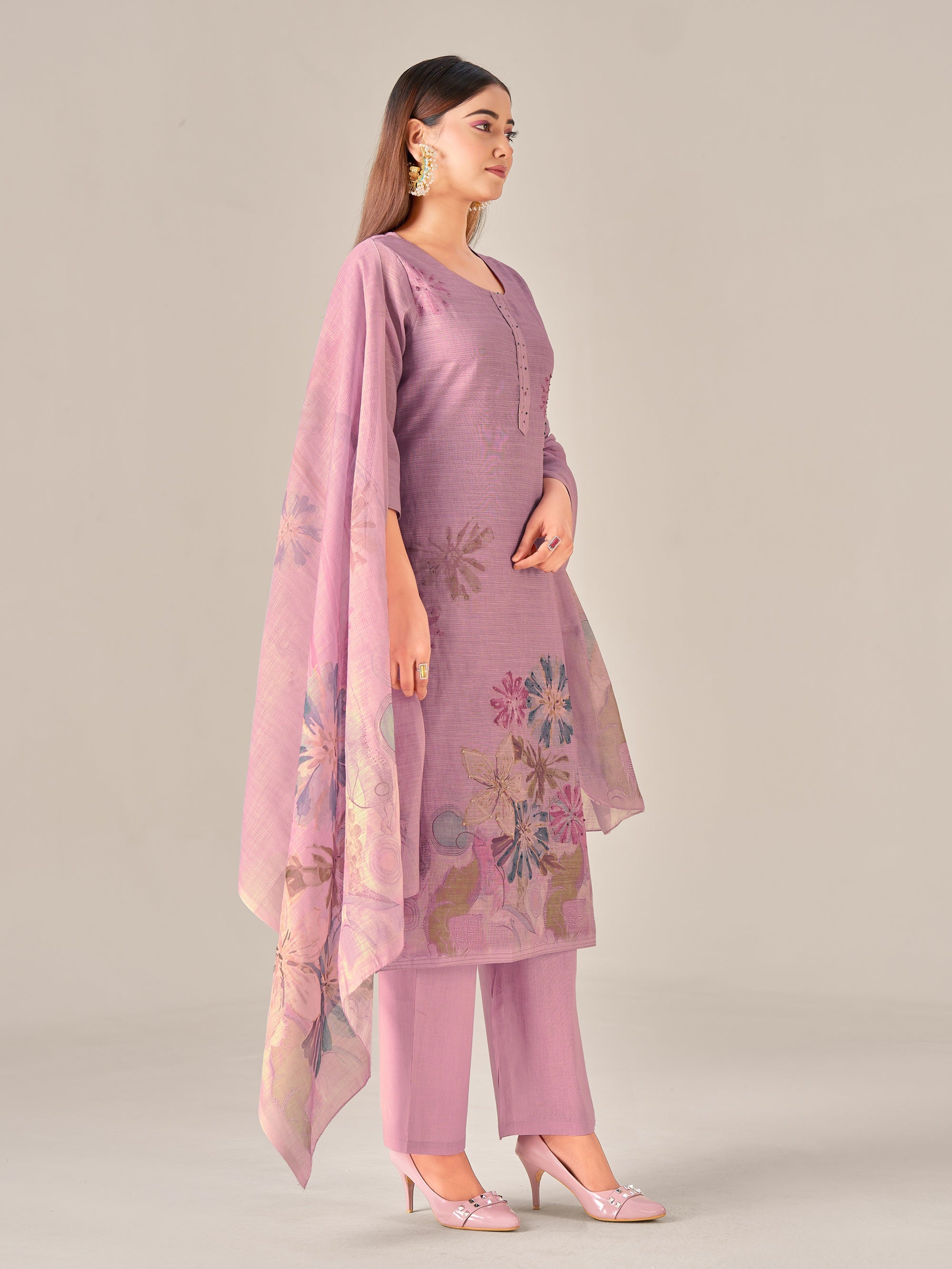 IOLY Women Floral Hand Work Printed Regular Linen Kurta with Trousers & With Dupatta