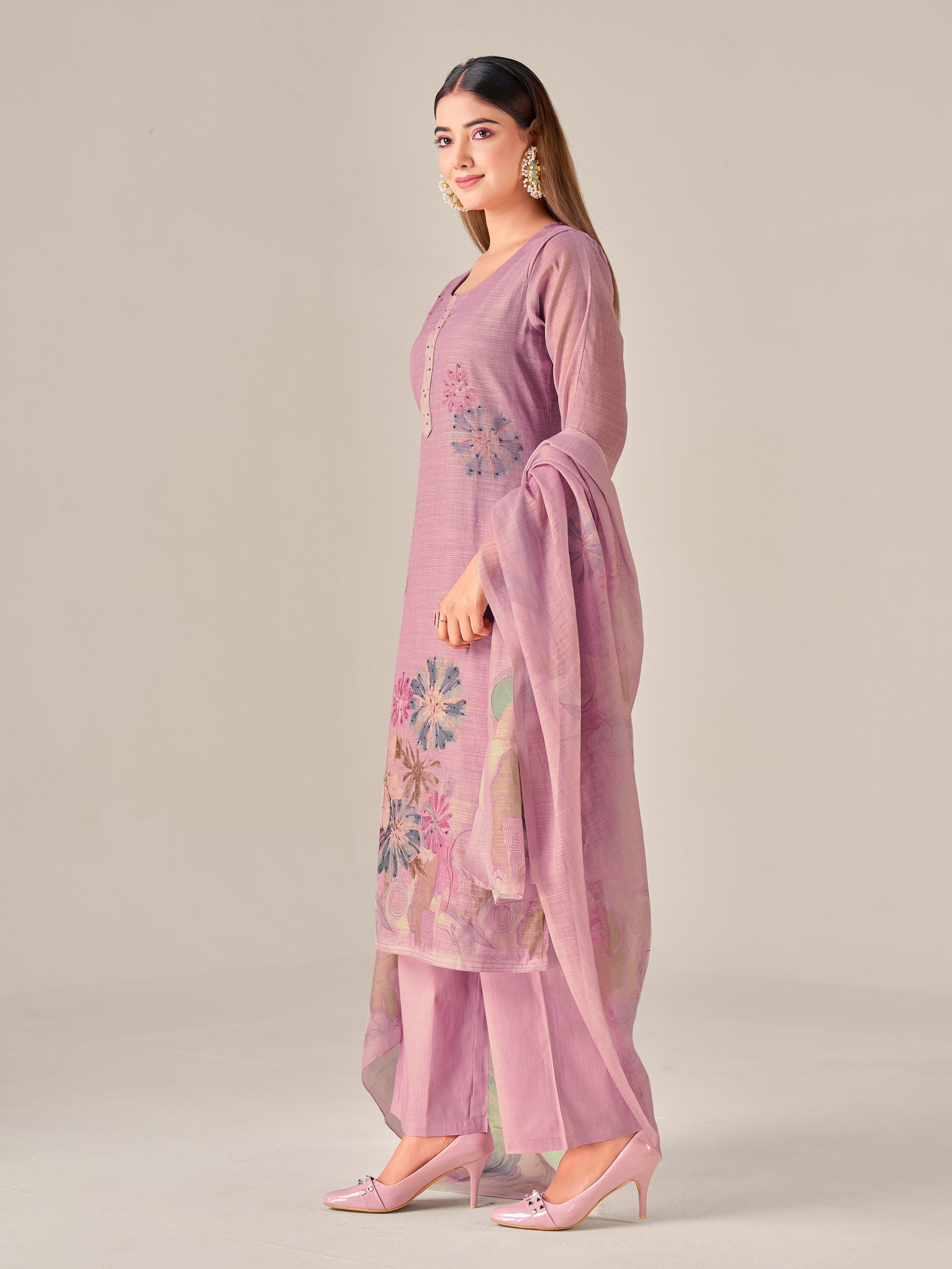 IOLY Women Floral Hand Work Printed Regular Linen Kurta with Trousers & With Dupatta