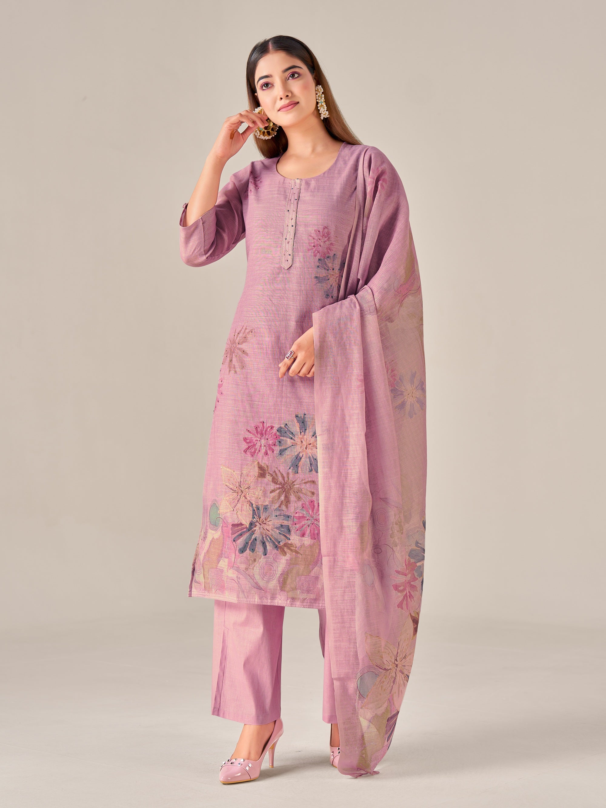IOLY Women Floral Hand Work Printed Regular Linen Kurta with Trousers & With Dupatta