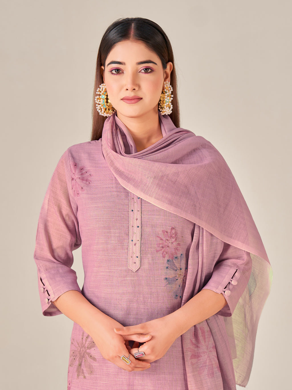 IOLY Women Floral Hand Work Printed Regular Linen Kurta with Trousers & With Dupatta