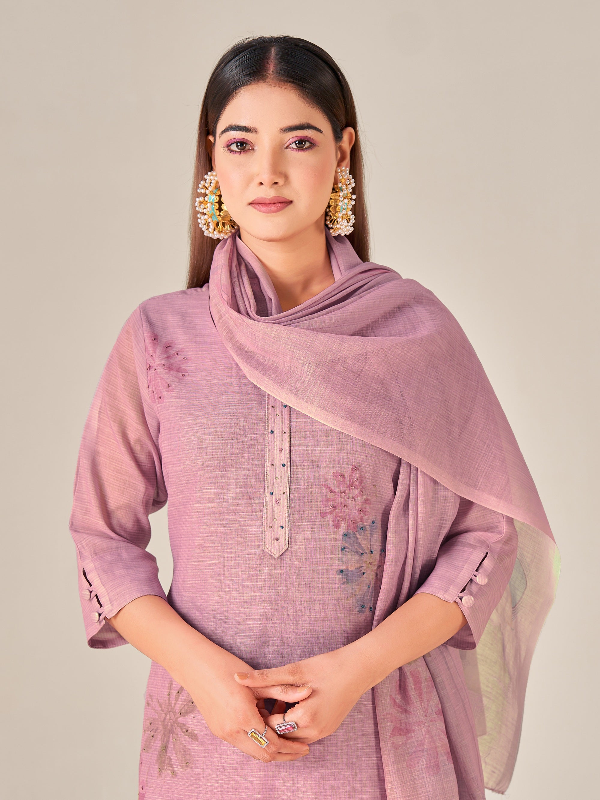 IOLY Women Floral Hand Work Printed Regular Linen Kurta with Trousers & With Dupatta