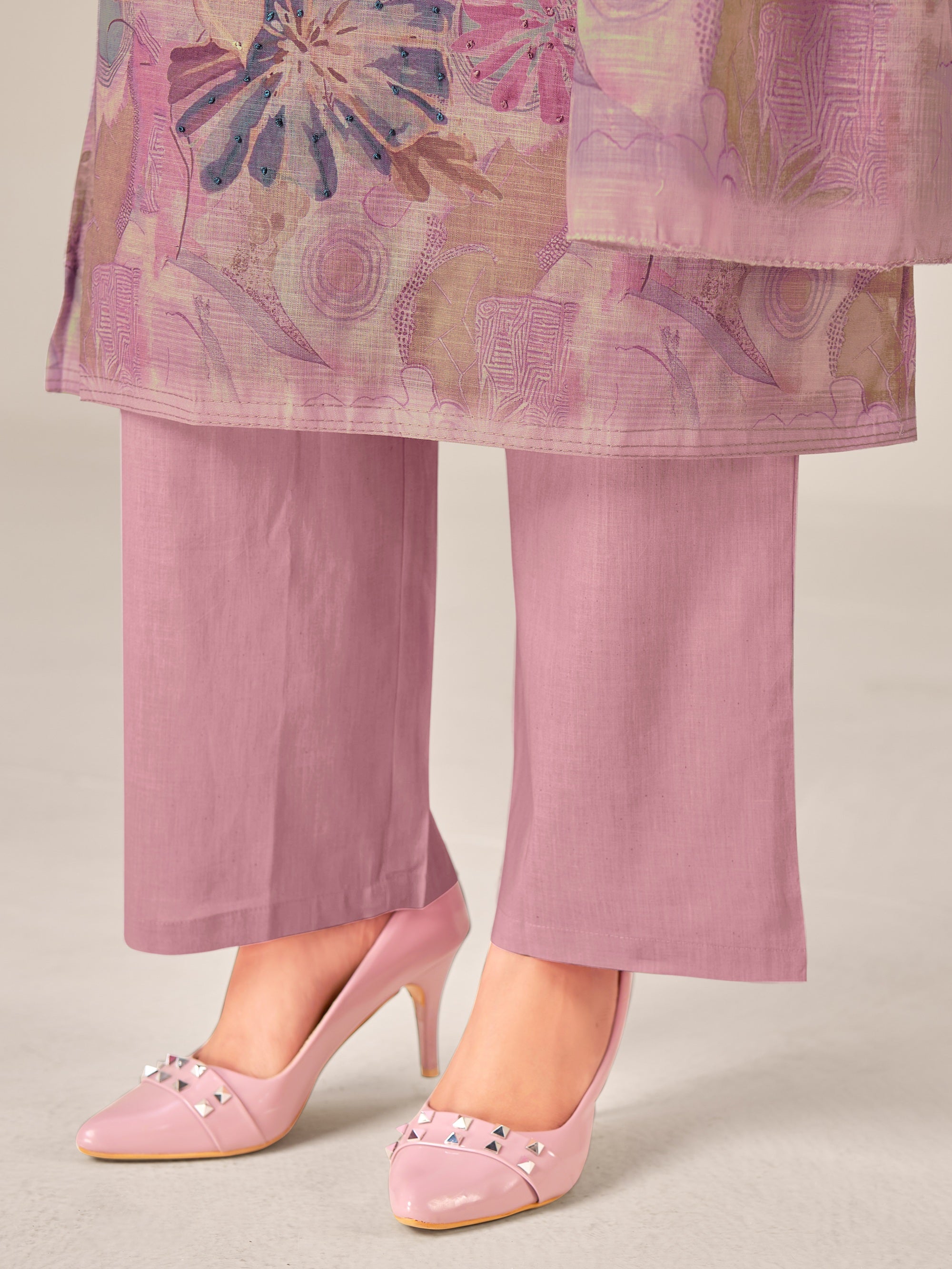 IOLY Women Floral Hand Work Printed Regular Linen Kurta with Trousers & With Dupatta