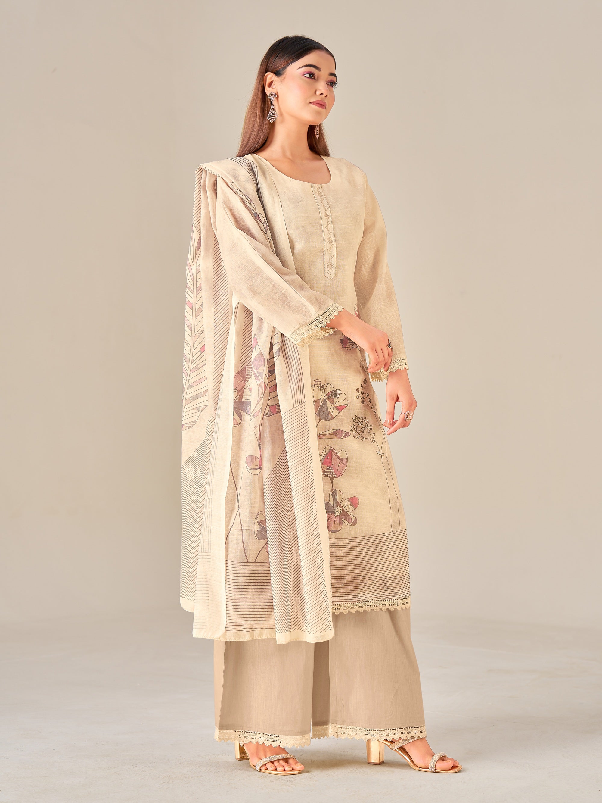 IOLY Women Floral Printed Regular Linen Kurta with Palazzos & With Dupatta