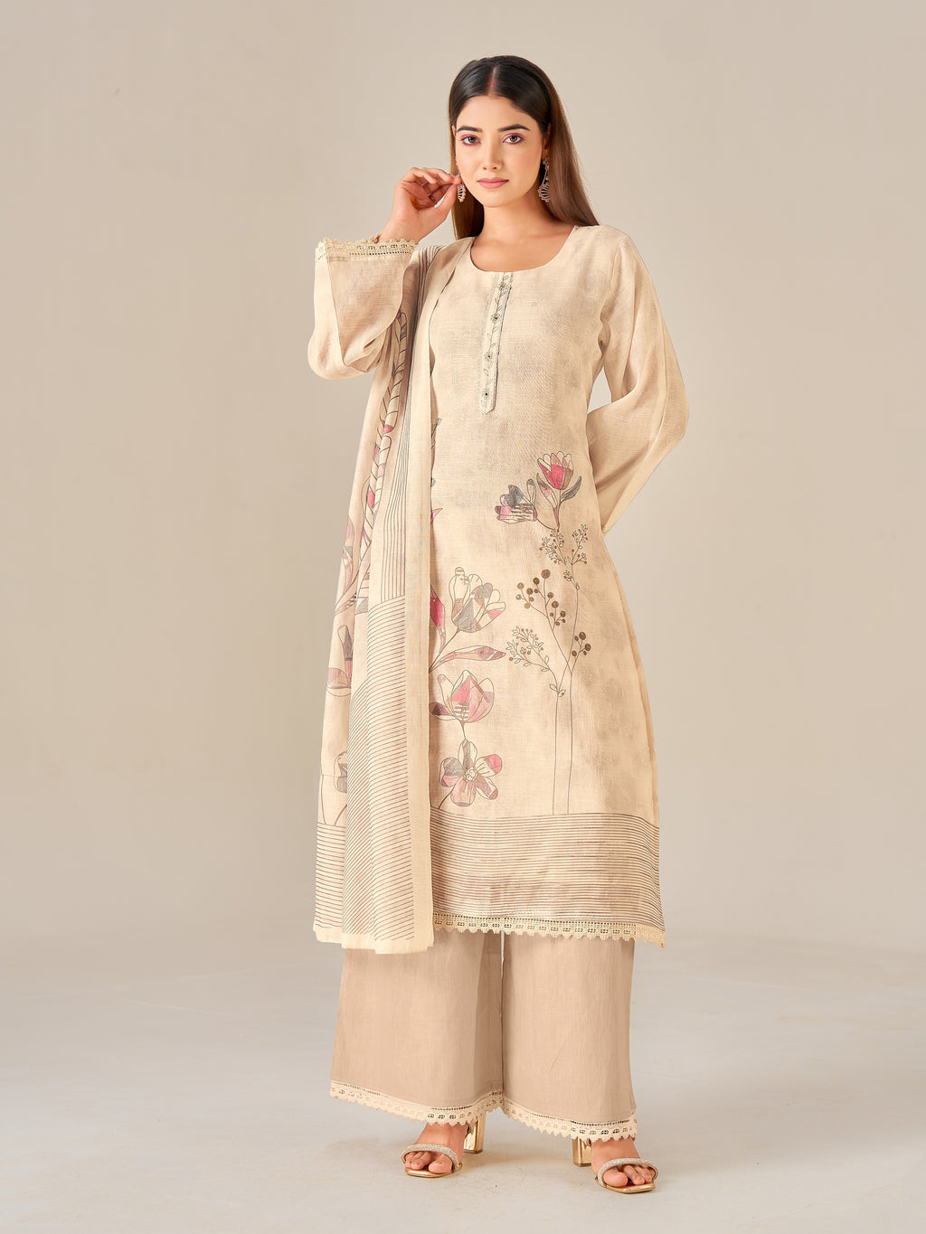 IOLY Women Floral Printed Regular Linen Kurta with Palazzos & With Dupatta