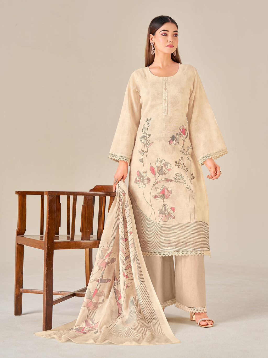IOLY Women Floral Printed Regular Linen Kurta with Palazzos & With Dupatta