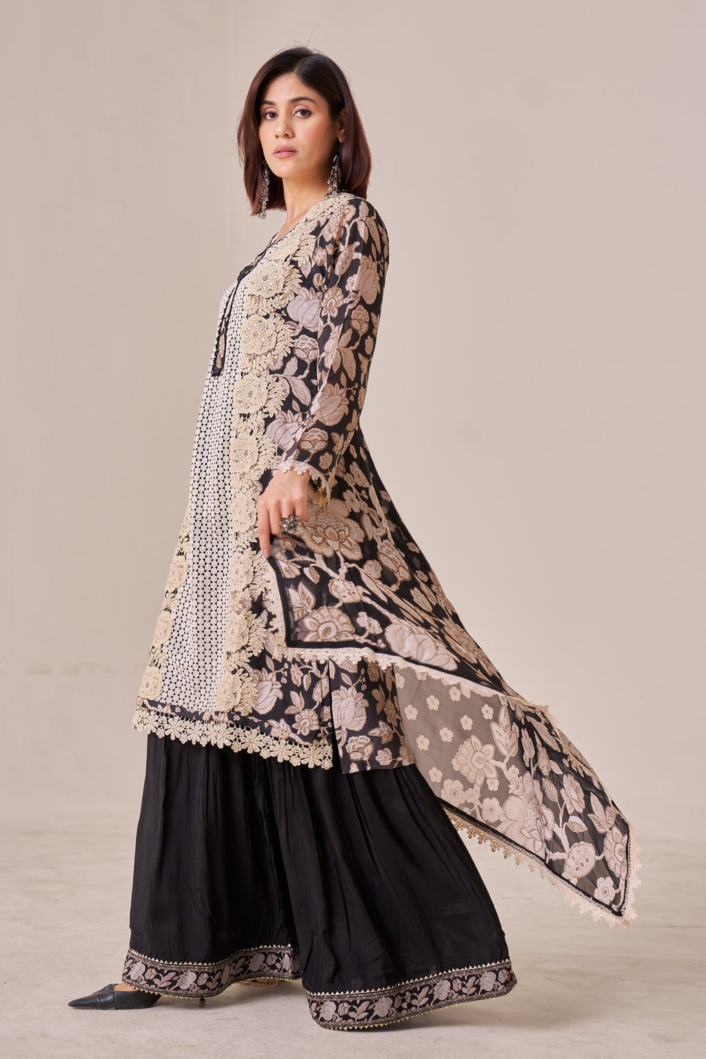 IOLY Floral Printed Round Neck Thread Work Straight Kurta With Palazzos & Dupatta