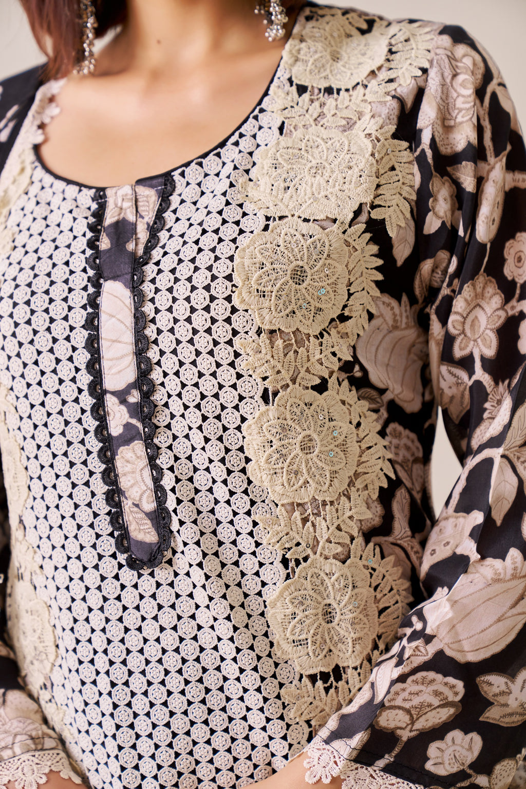 IOLY Floral Printed Round Neck Thread Work Straight Kurta With Palazzos & Dupatta