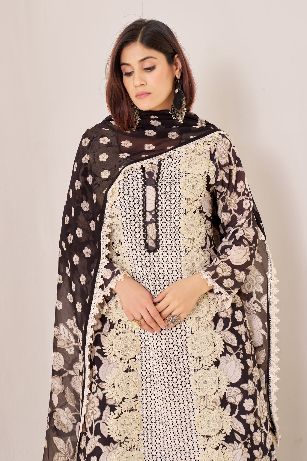 IOLY Floral Printed Round Neck Thread Work Straight Kurta With Palazzos & Dupatta