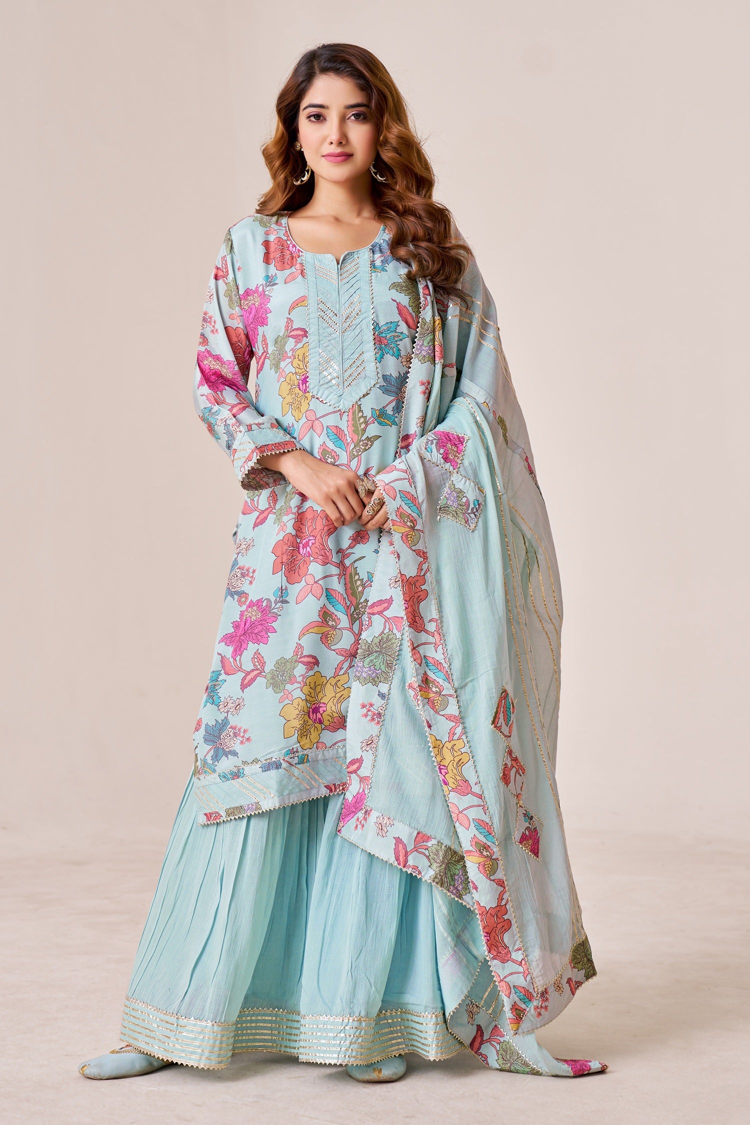 IOLY Floral Printed Kurta With Sharara & Dupatta