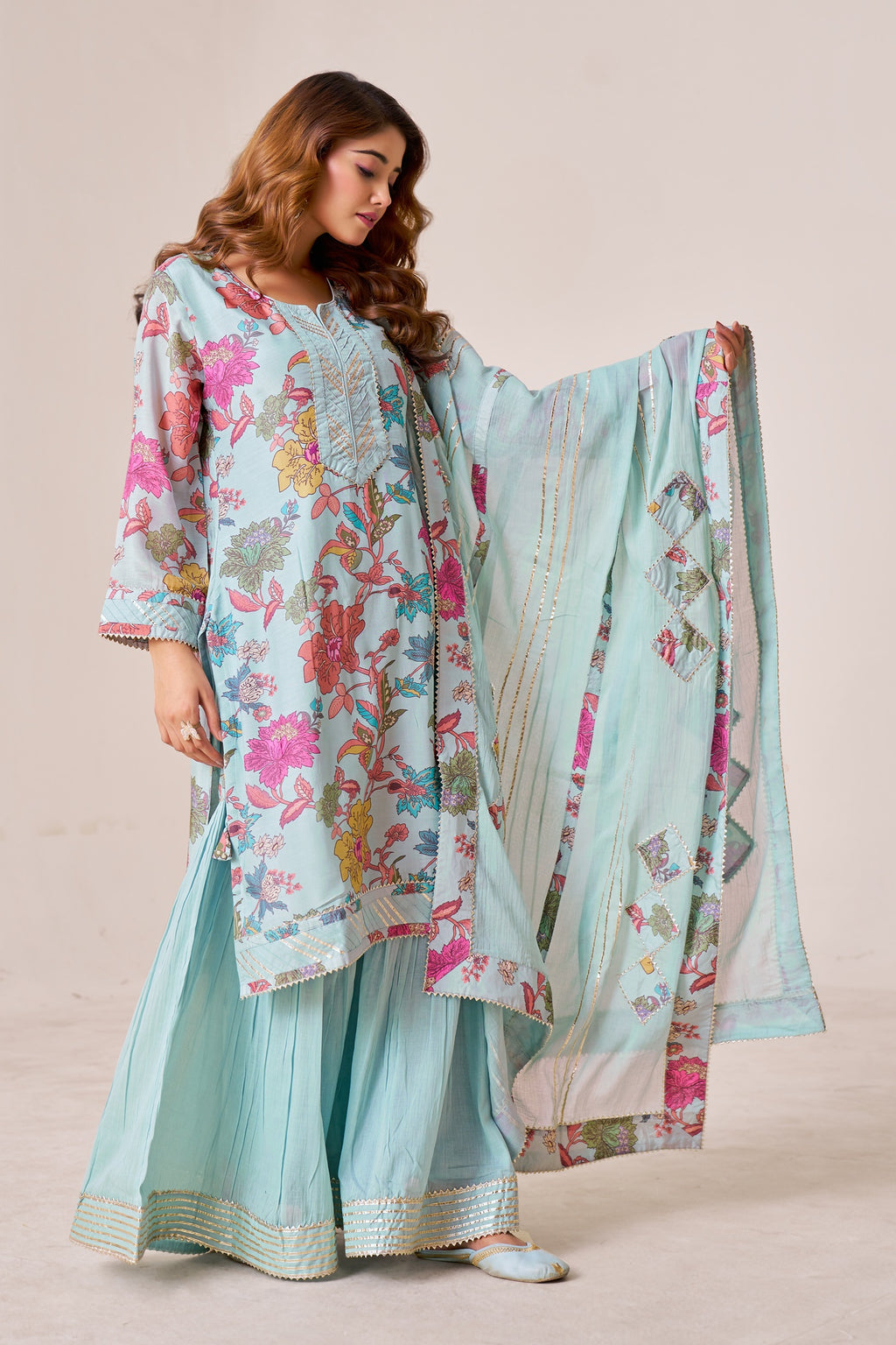 IOLY Floral Printed Kurta With Sharara & Dupatta