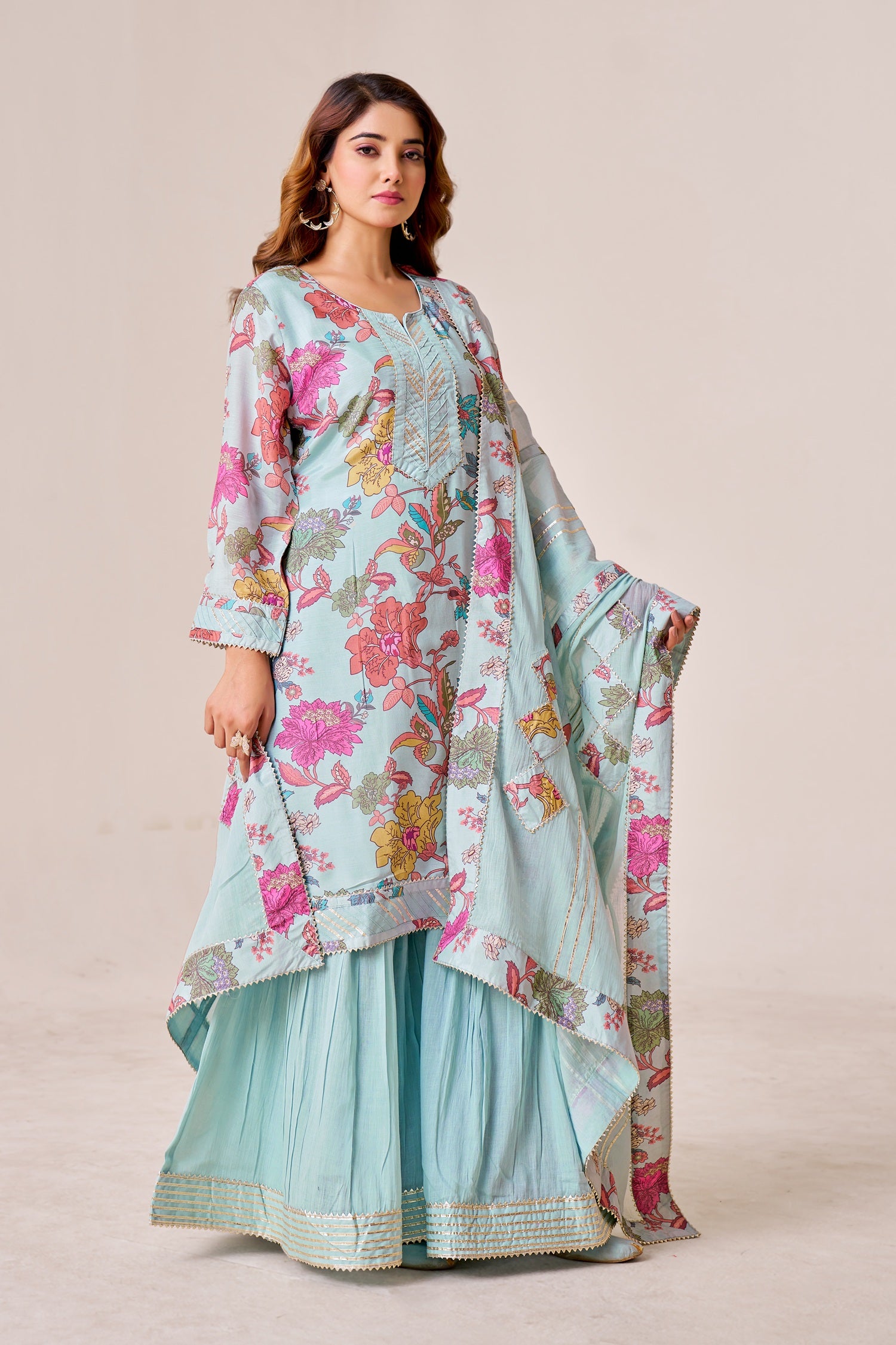 IOLY Floral Printed Kurta With Sharara & Dupatta