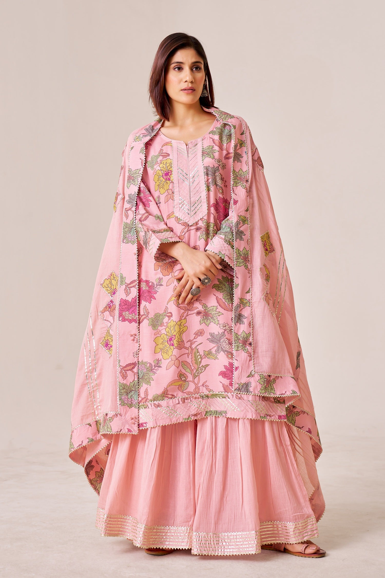 IOLY Floral Printed Gotta Patti Kurta With Sharara & Dupatta
