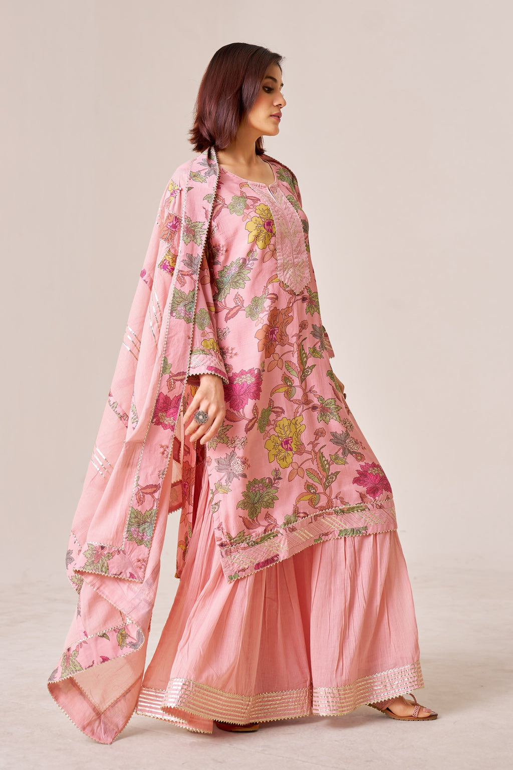 IOLY Floral Printed Gotta Patti Kurta With Sharara & Dupatta