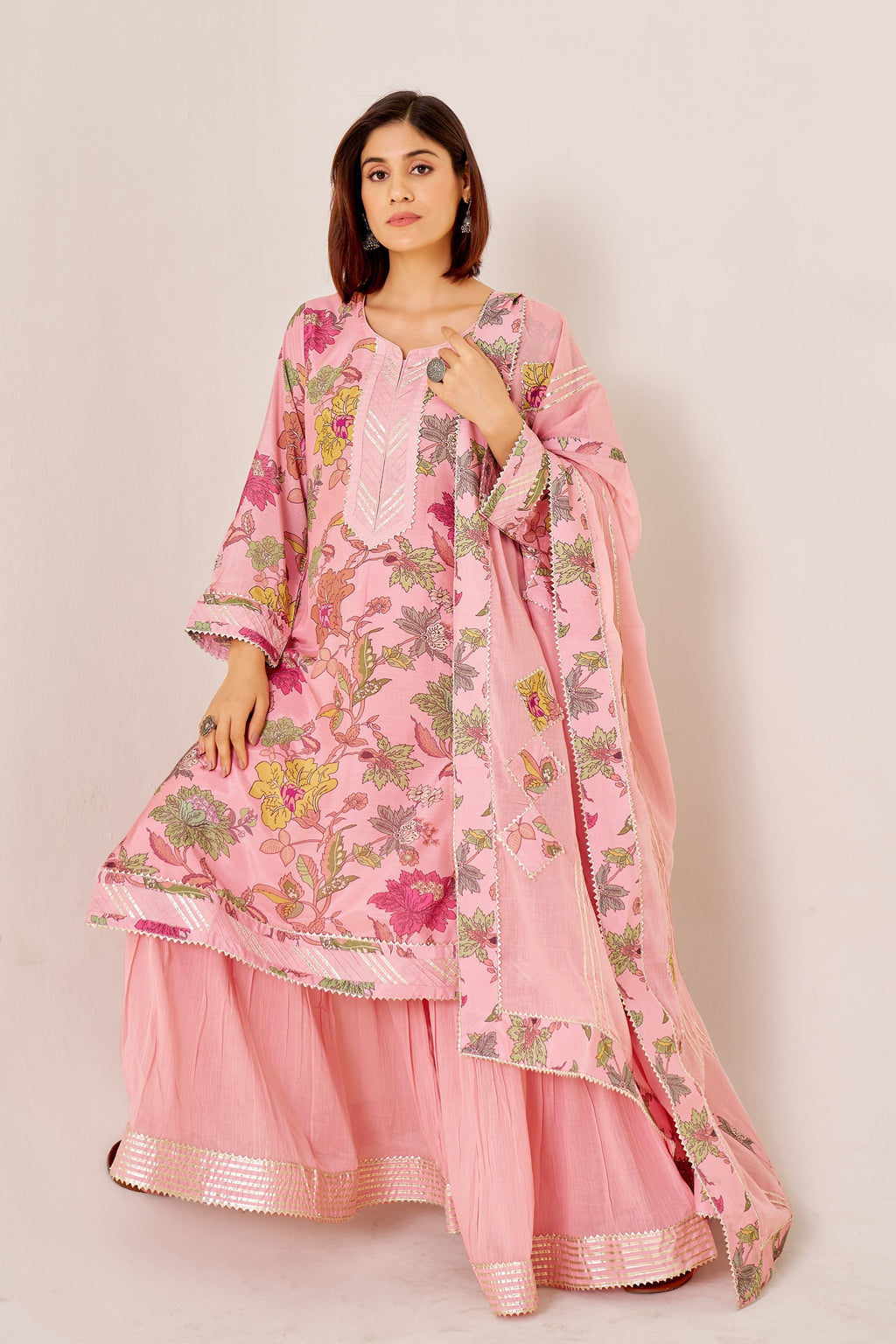 IOLY Floral Printed Gotta Patti Kurta With Sharara & Dupatta
