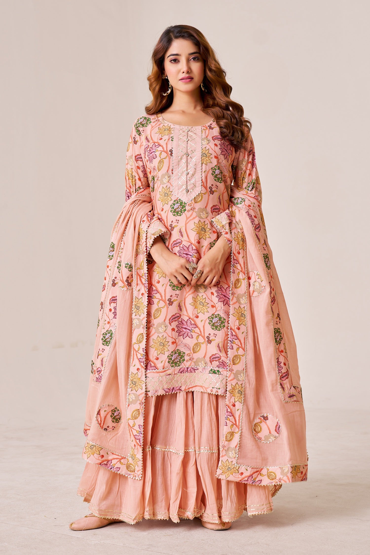 IOLY Floral Printed Gotta Patti Work Kurta With Sharara & Dupatta