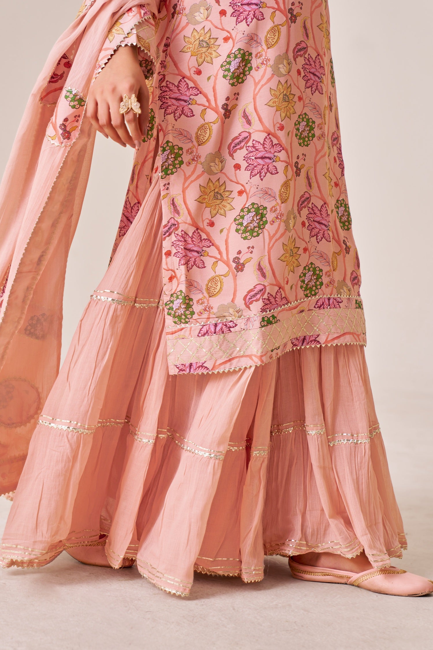 IOLY Floral Printed Gotta Patti Work Kurta With Sharara & Dupatta