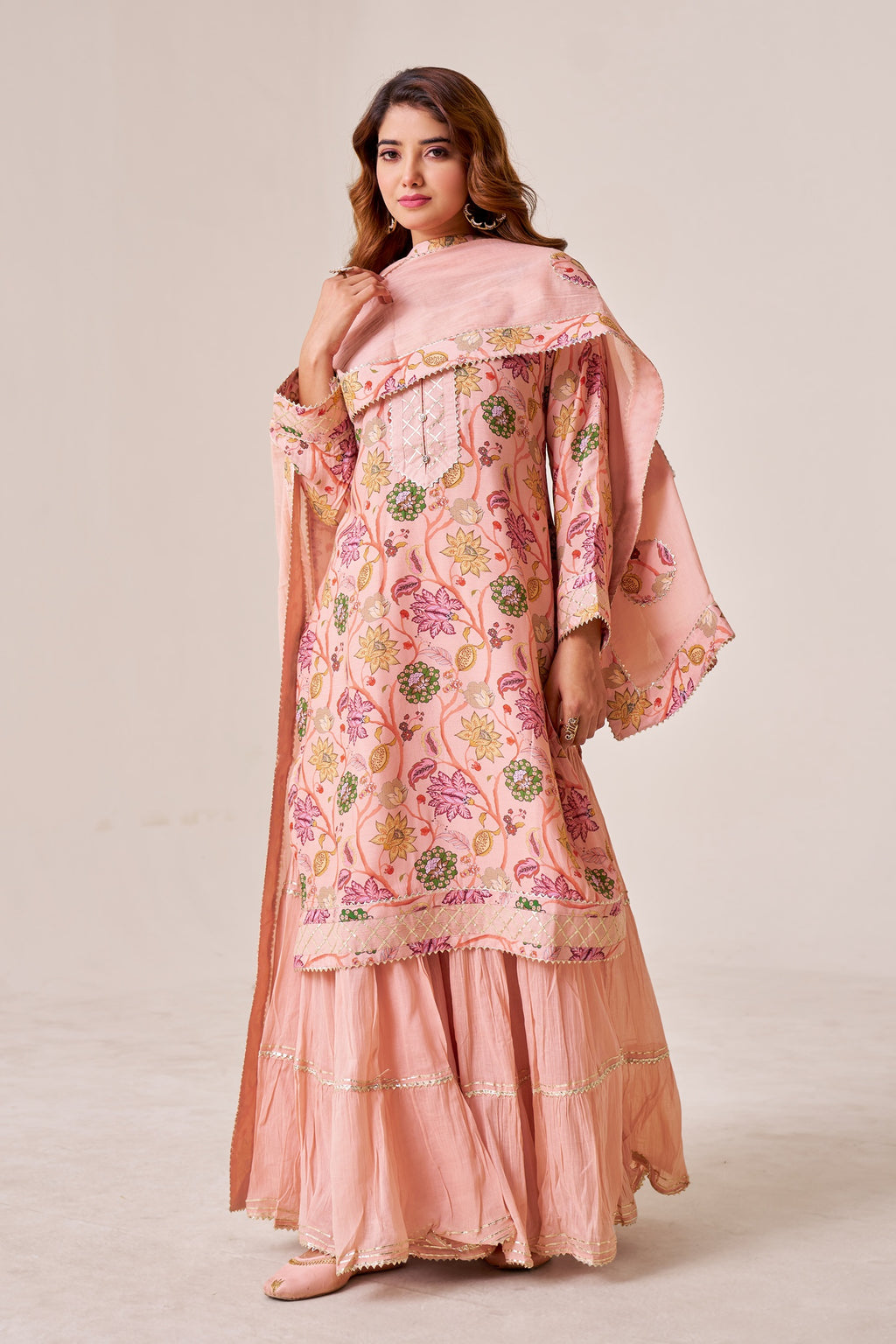 IOLY Floral Printed Gotta Patti Work Kurta With Sharara & Dupatta