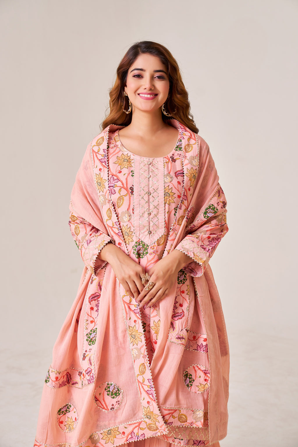 IOLY Floral Printed Gotta Patti Work Kurta With Sharara & Dupatta