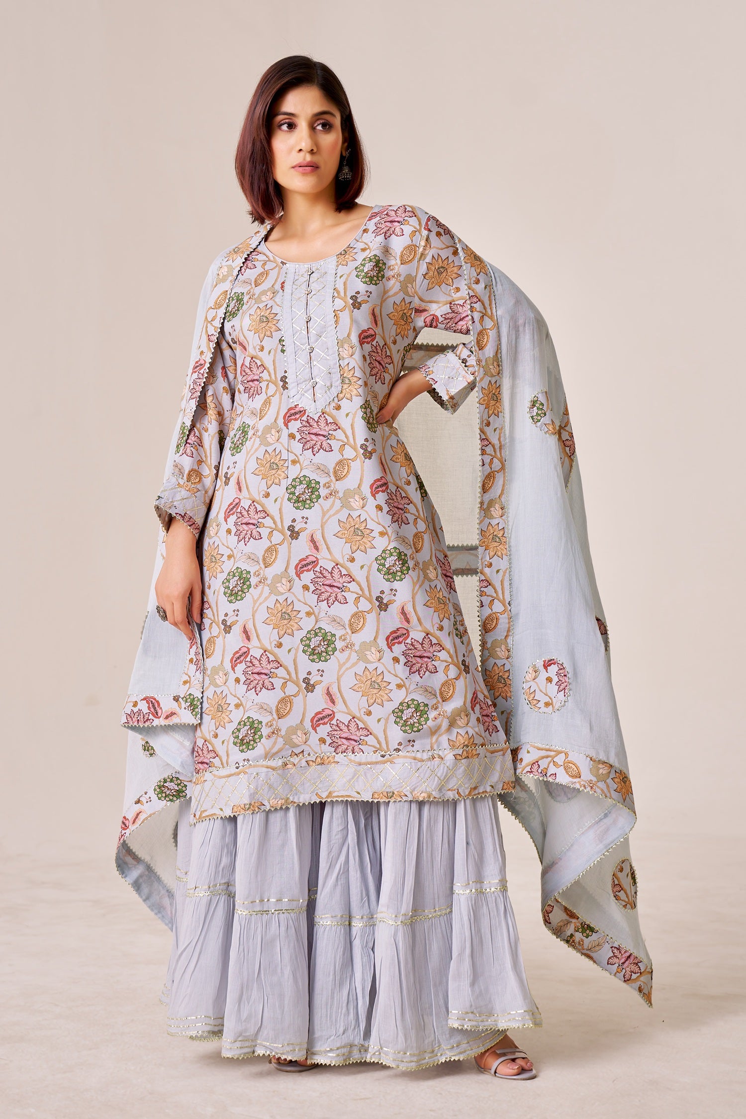 IOLY Floral Printed Kurta With Sharara & Dupatta