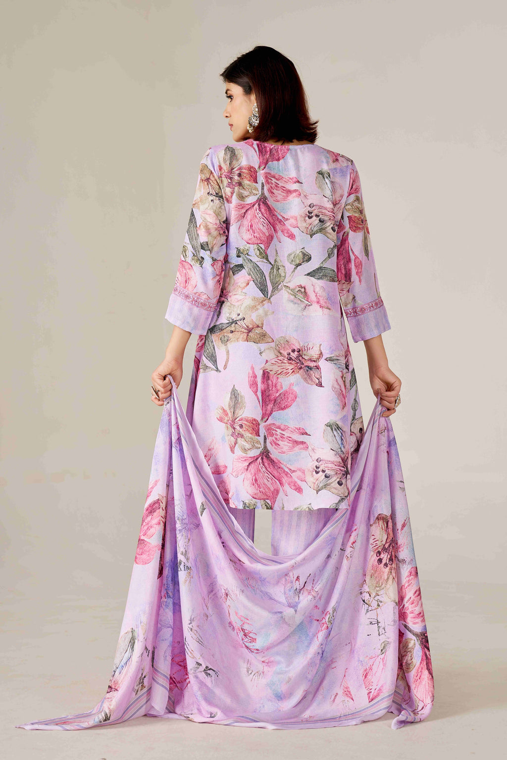 Lavender Bloom Digital Printed Pure Muslin Kurta Set with Curved Hemline
