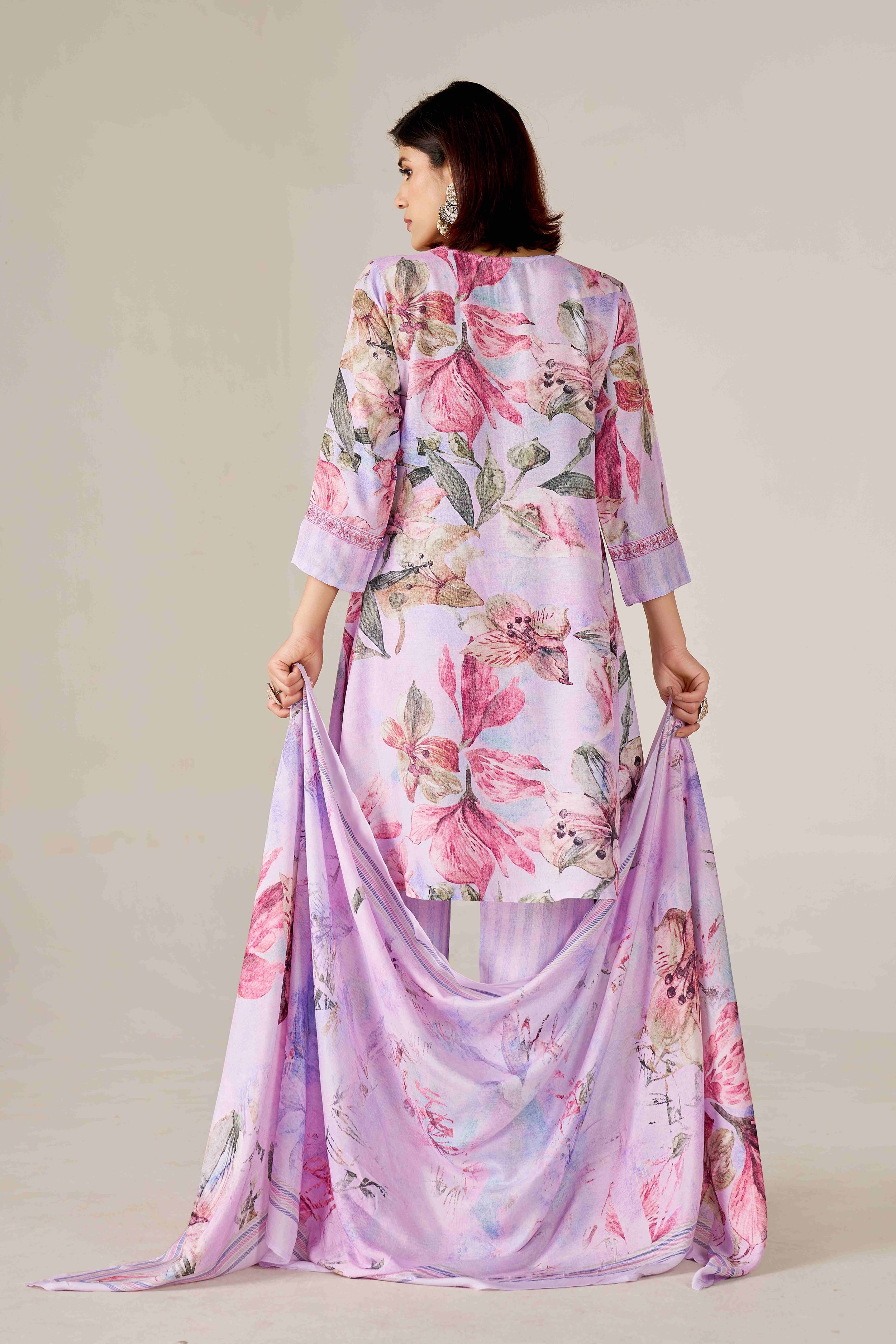 Lavender Bloom Digital Printed Pure Muslin Kurta Set with Curved Hemline