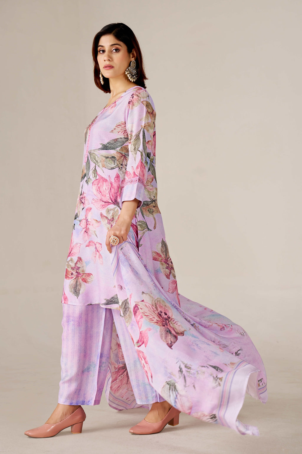 Lavender Bloom Digital Printed Pure Muslin Kurta Set with Curved Hemline