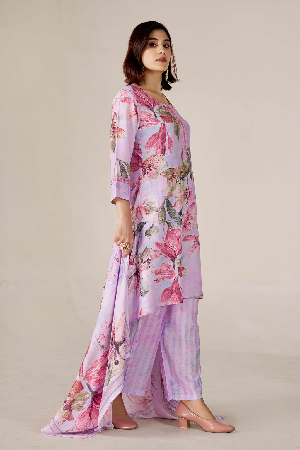 Lavender Bloom Digital Printed Pure Muslin Kurta Set with Curved Hemline