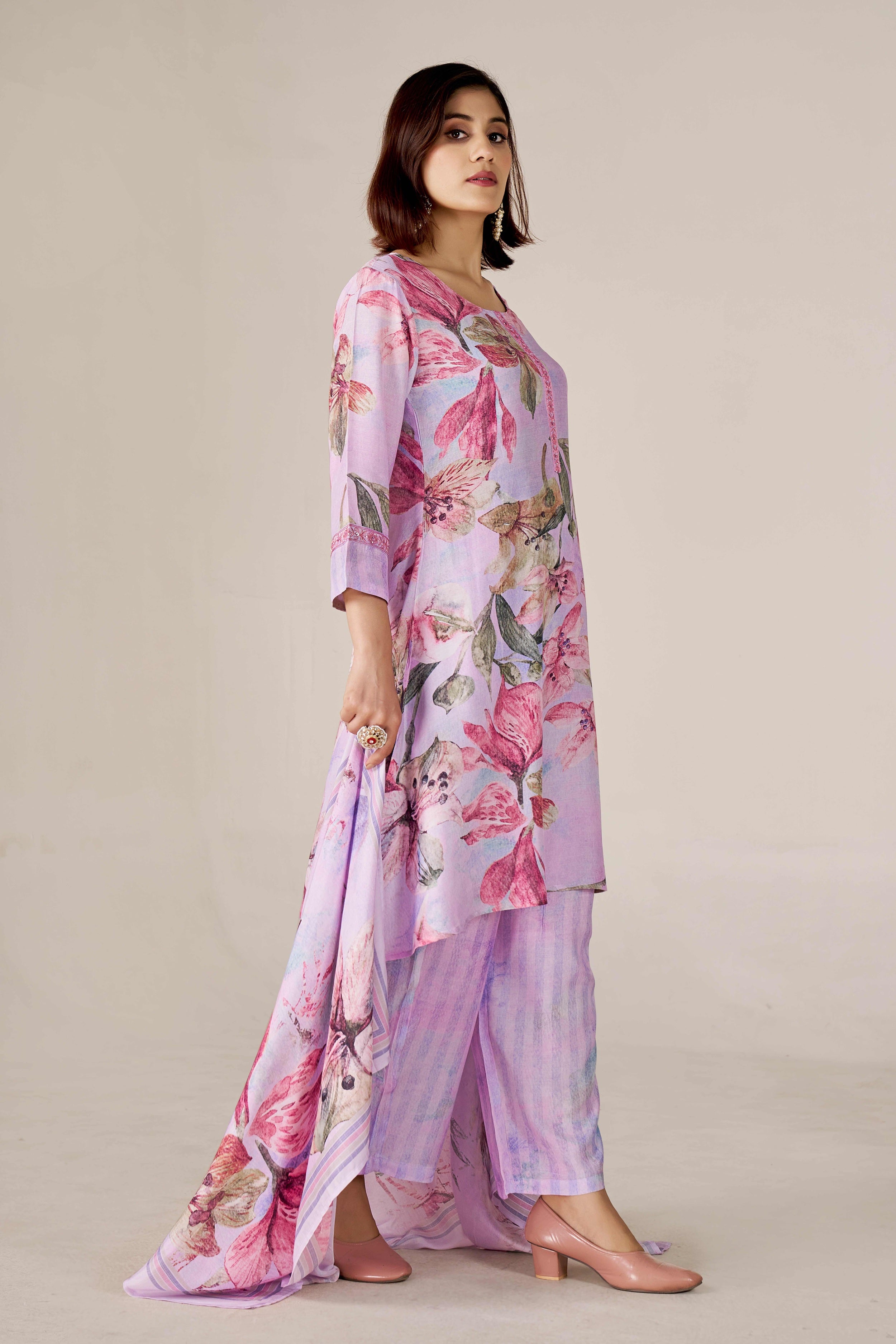 Lavender Bloom Digital Printed Pure Muslin Kurta Set with Curved Hemline