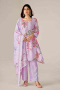 Lavender Bloom Digital Printed Pure Muslin Kurta Set with Curved Hemline
