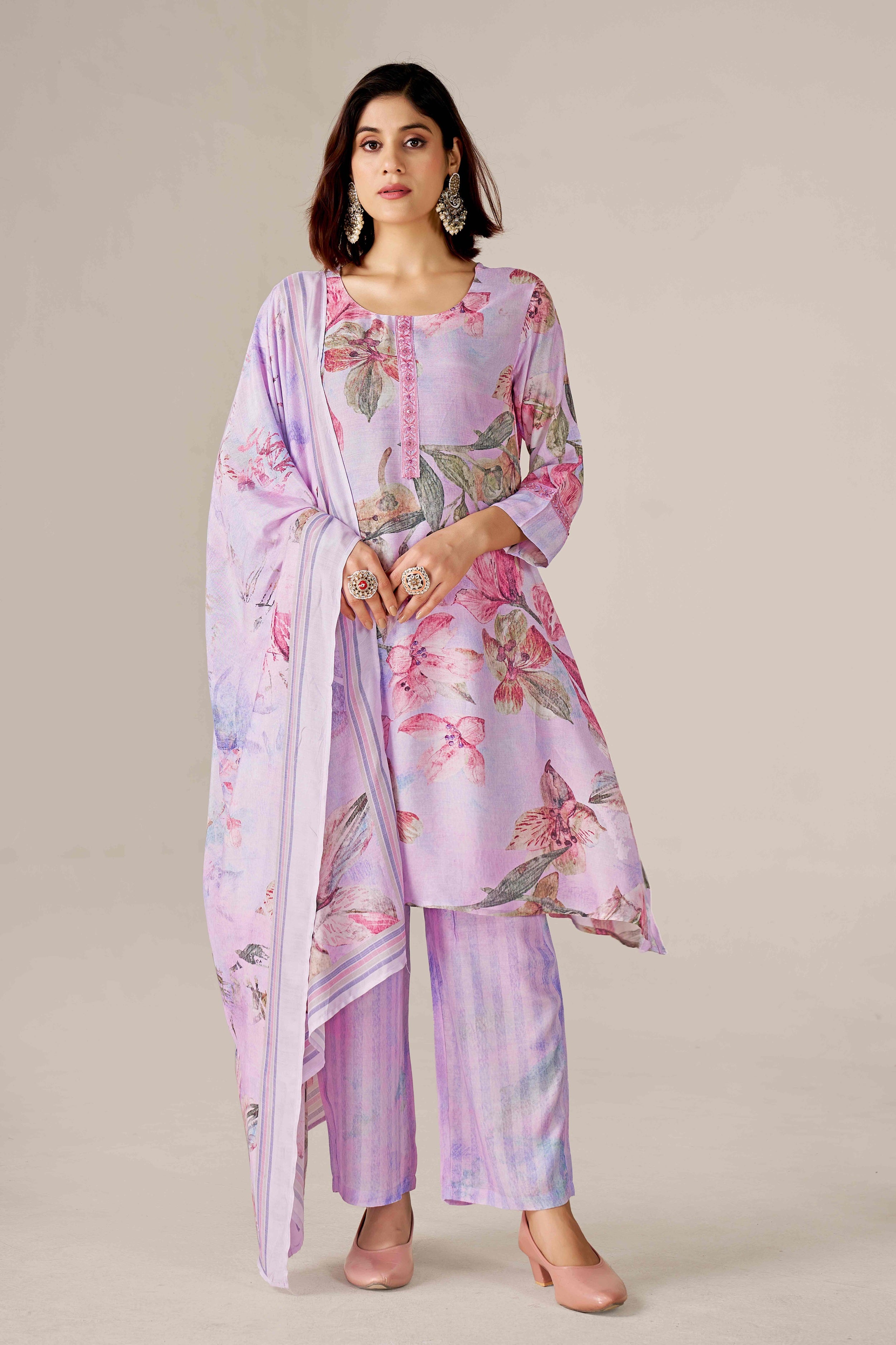 Lavender Bloom Digital Printed Pure Muslin Kurta Set with Curved Hemline