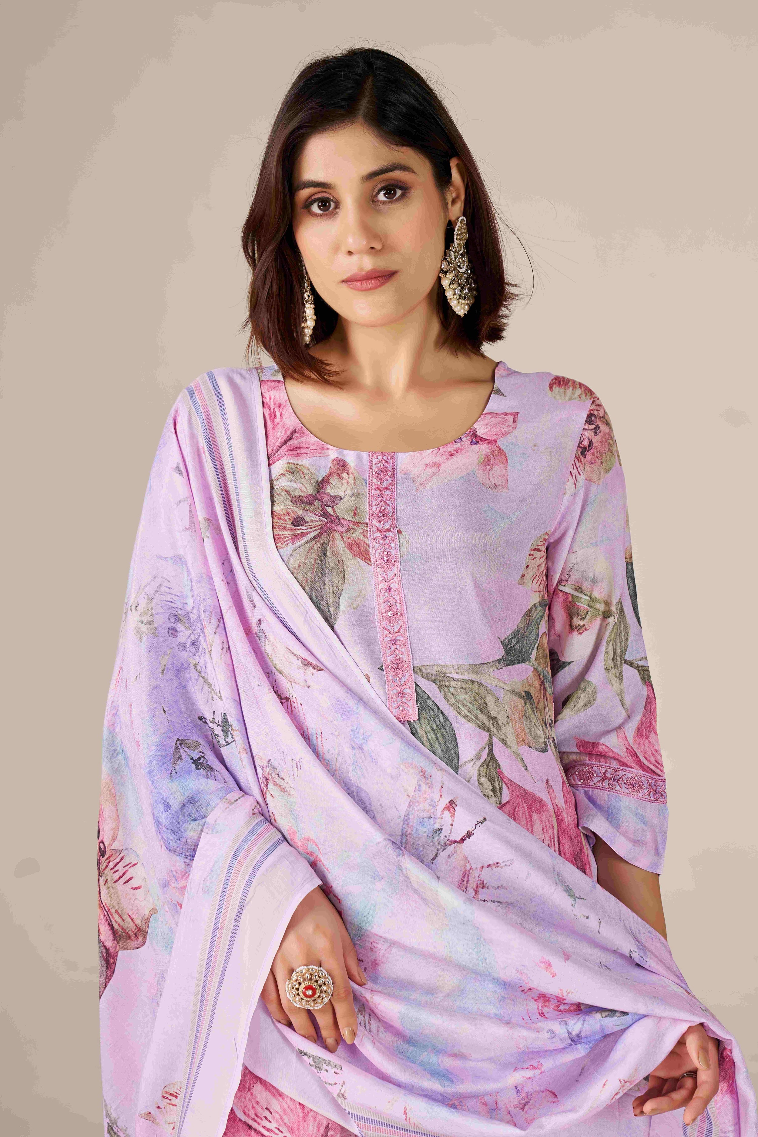 Lavender Bloom Digital Printed Pure Muslin Kurta Set with Curved Hemline