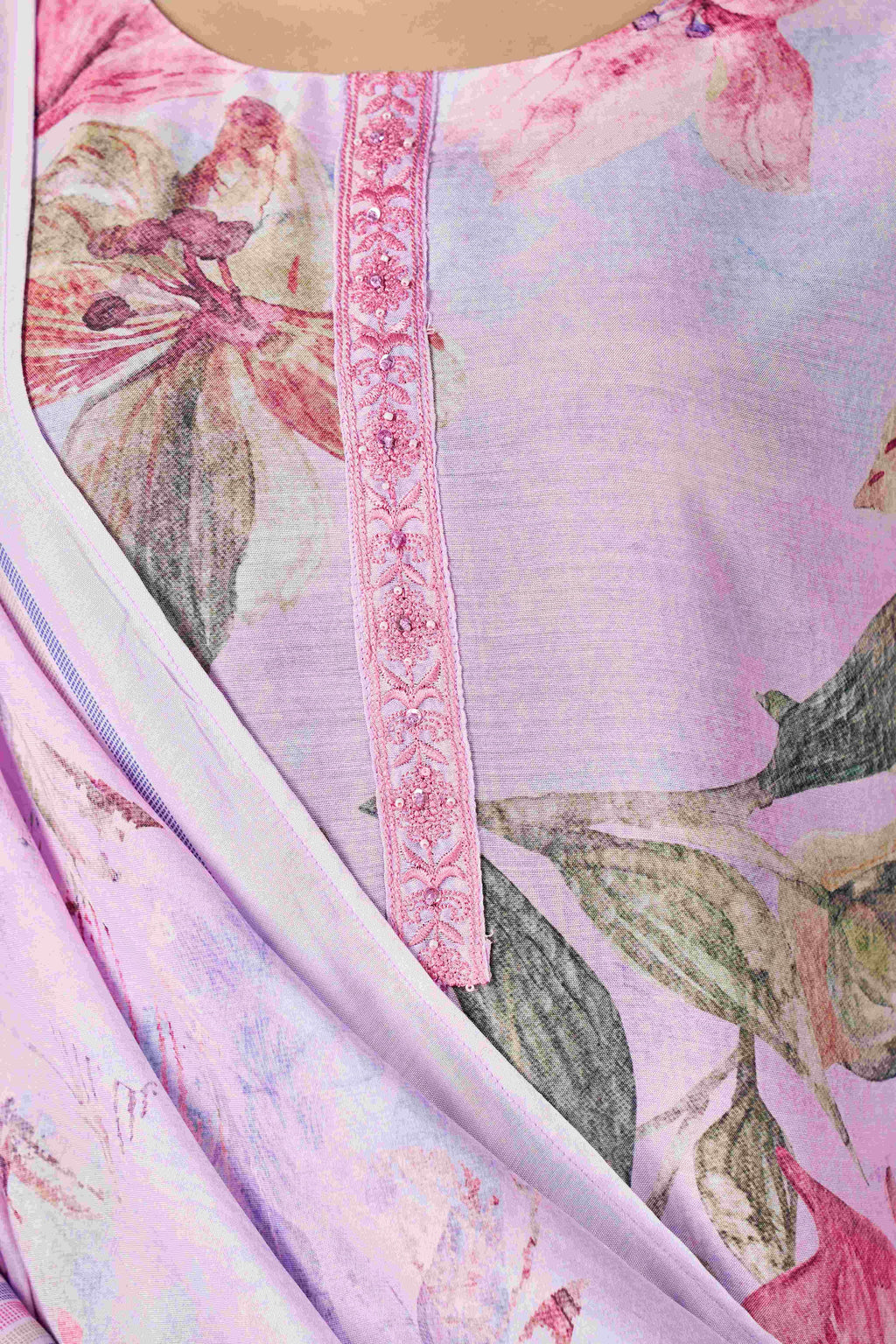 Lavender Bloom Digital Printed Pure Muslin Kurta Set with Curved Hemline