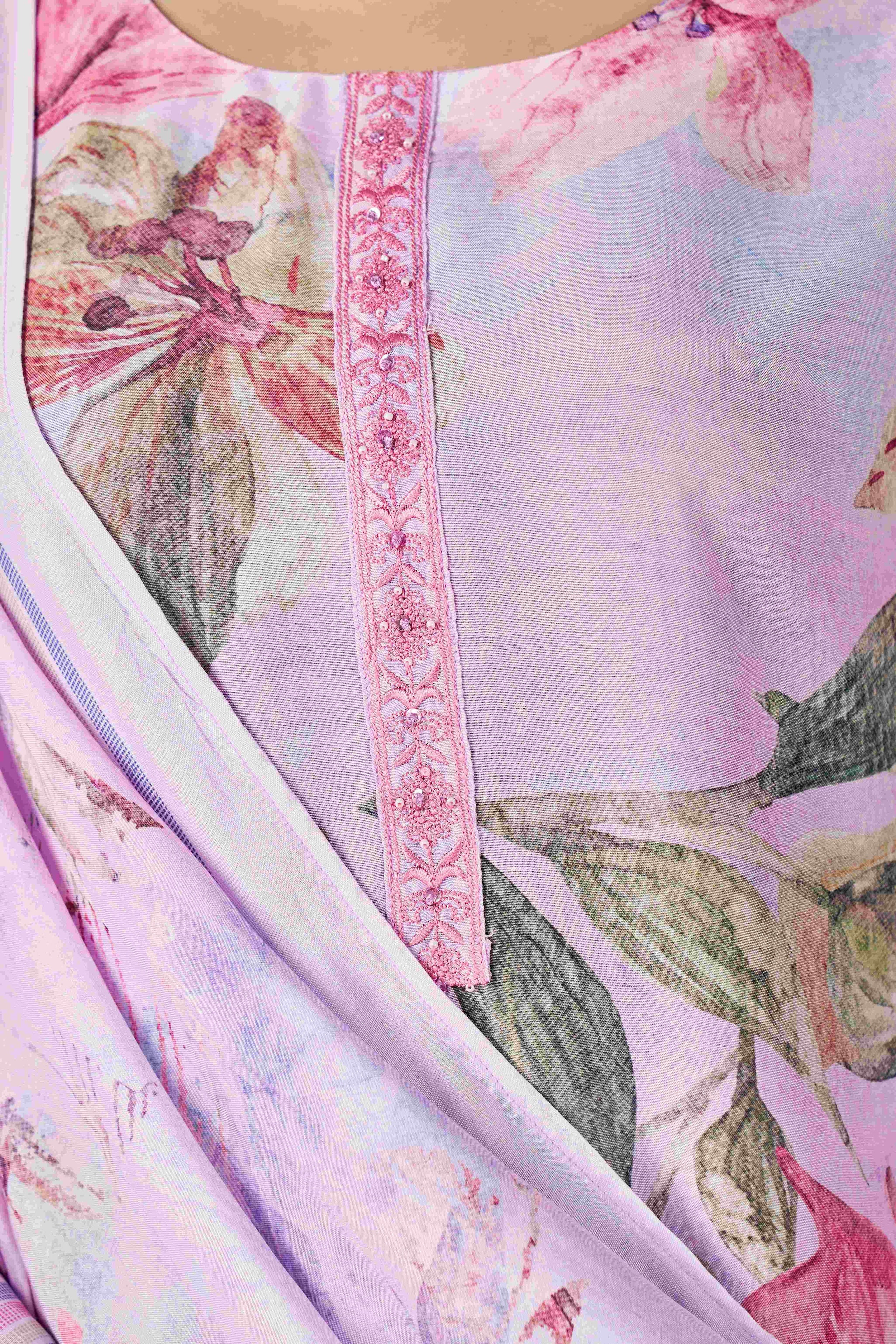 Lavender Bloom Digital Printed Pure Muslin Kurta Set with Curved Hemline