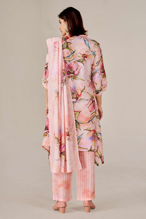 Breezy Pink Floral Digital Printed Pure Muslin Kurta Set with Curved Hemline