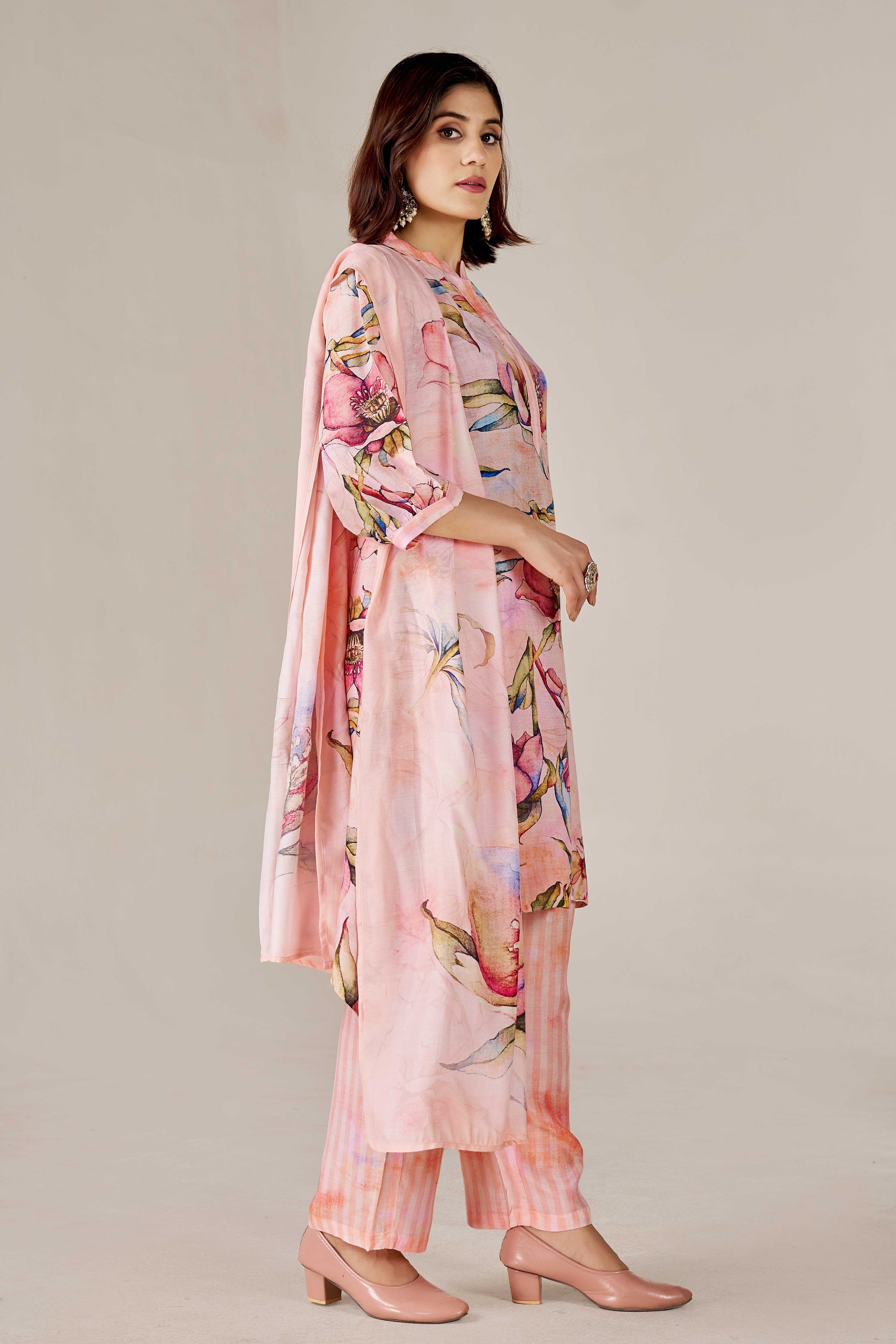 Breezy Pink Floral Digital Printed Pure Muslin Kurta Set with Curved Hemline