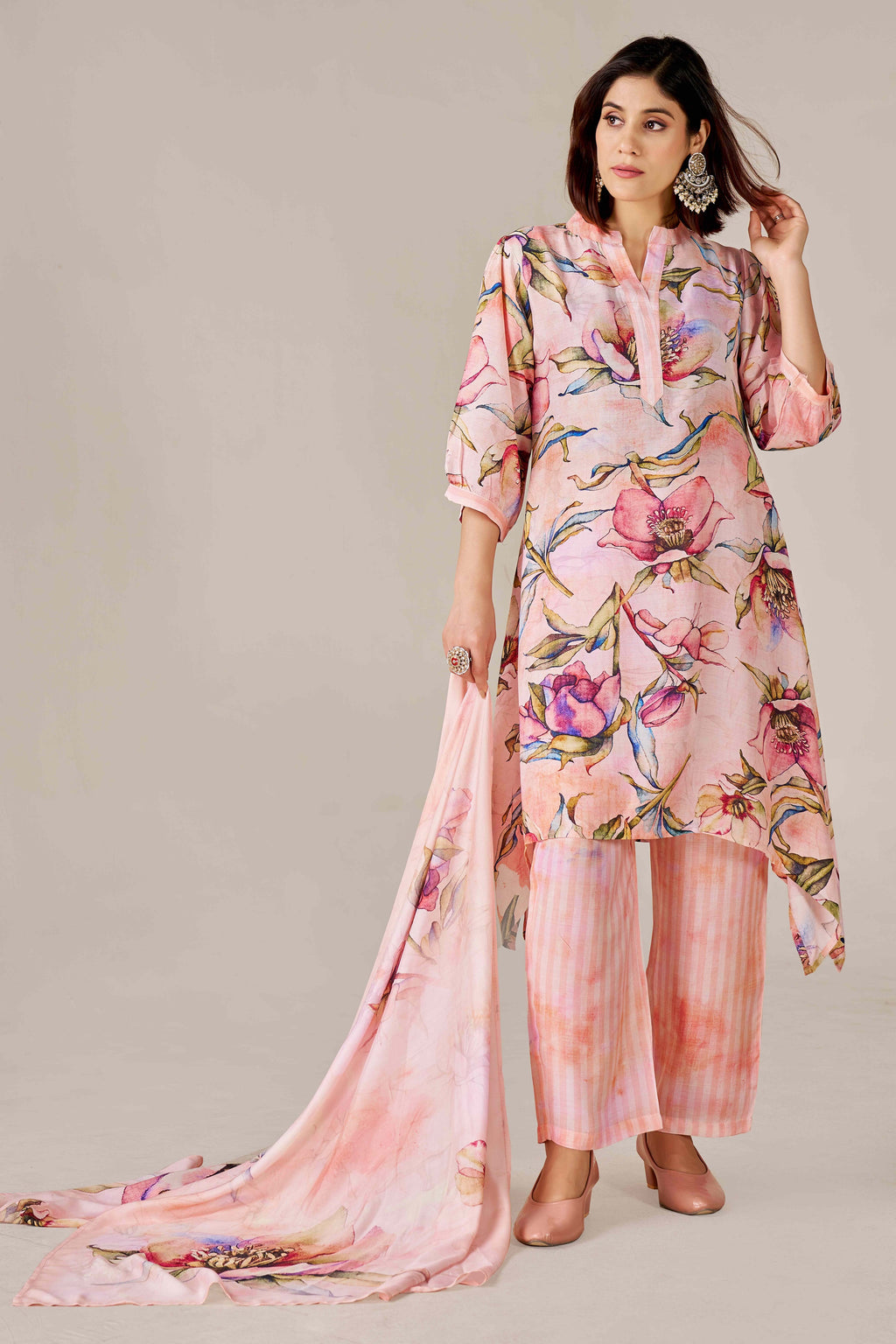Breezy Pink Floral Digital Printed Pure Muslin Kurta Set with Curved Hemline