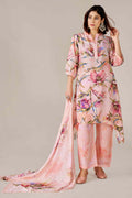 Breezy Pink Floral Digital Printed Pure Muslin Kurta Set with Curved Hemline