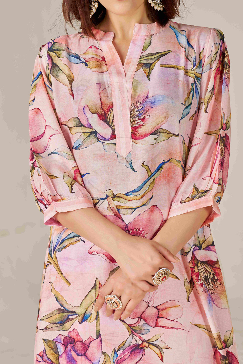 Breezy Pink Floral Digital Printed Pure Muslin Kurta Set with Curved Hemline