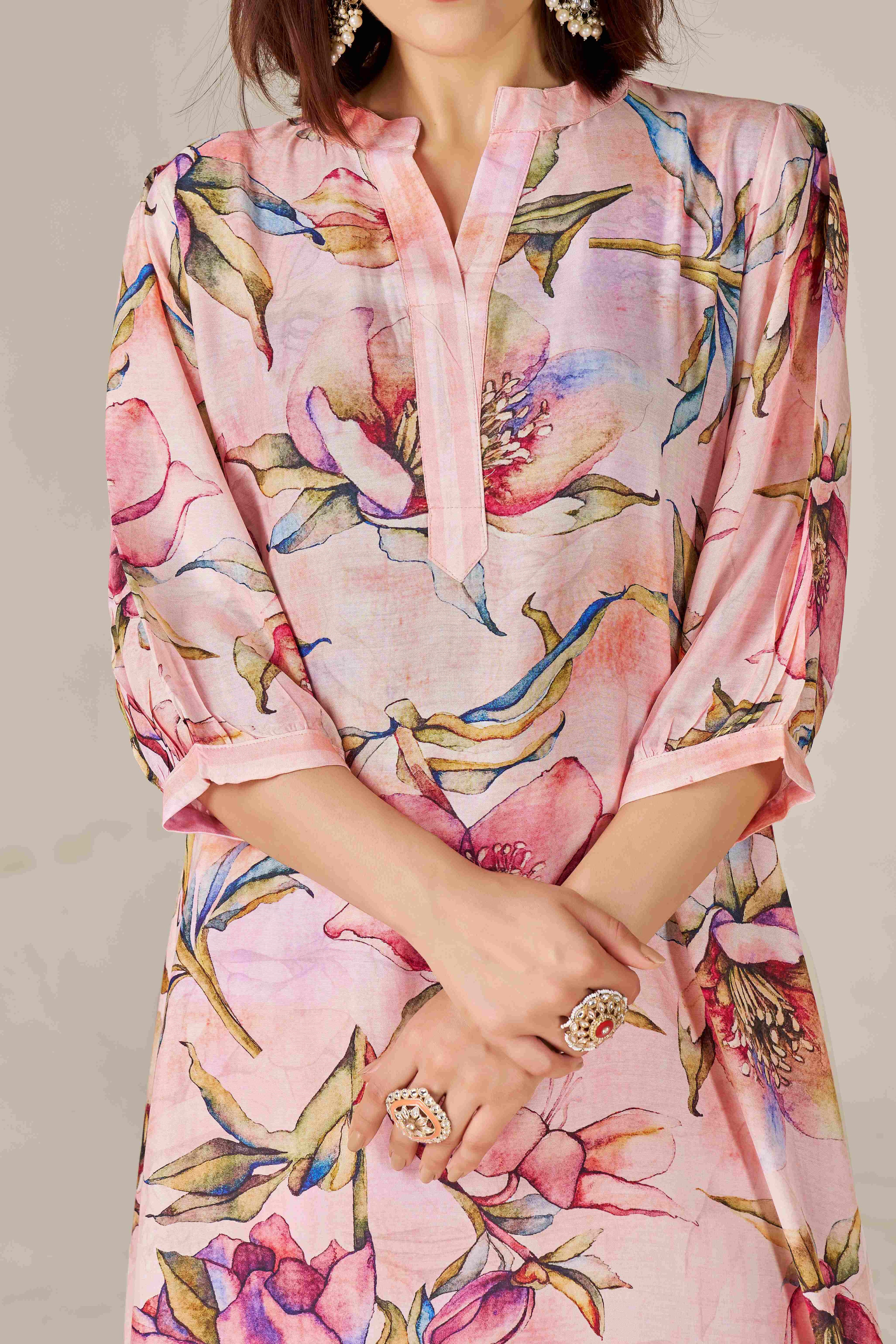 Breezy Pink Floral Digital Printed Pure Muslin Kurta Set with Curved Hemline