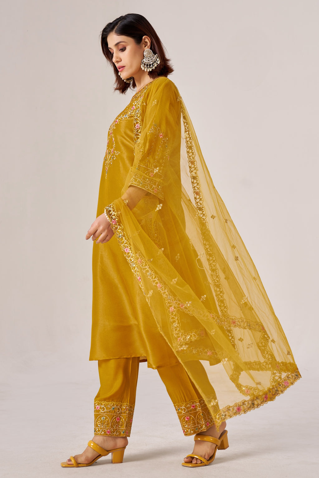 IOLY Women Ethnic Motifs Embroidered Pure Silk Kurta with Trousers & Dupatta