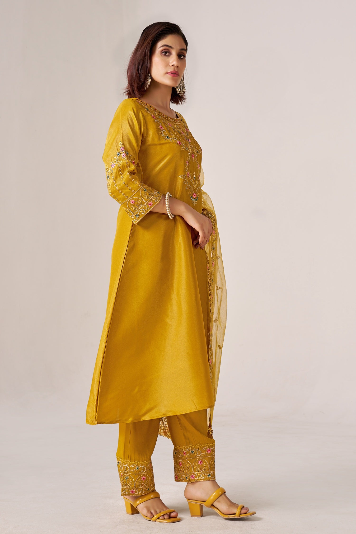 IOLY Women Ethnic Motifs Embroidered Pure Silk Kurta with Trousers & Dupatta