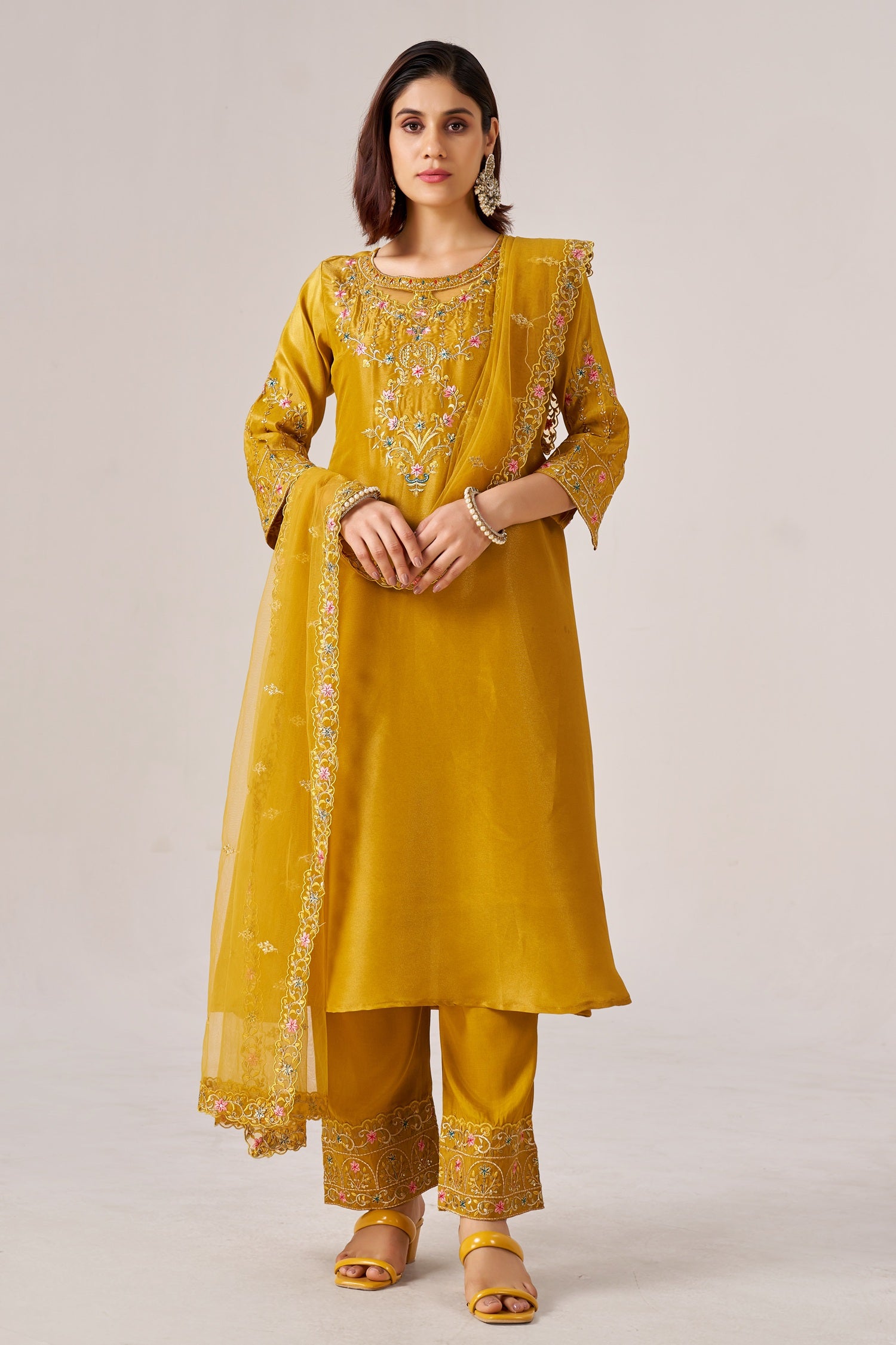 IOLY Women Ethnic Motifs Embroidered Pure Silk Kurta with Trousers & Dupatta