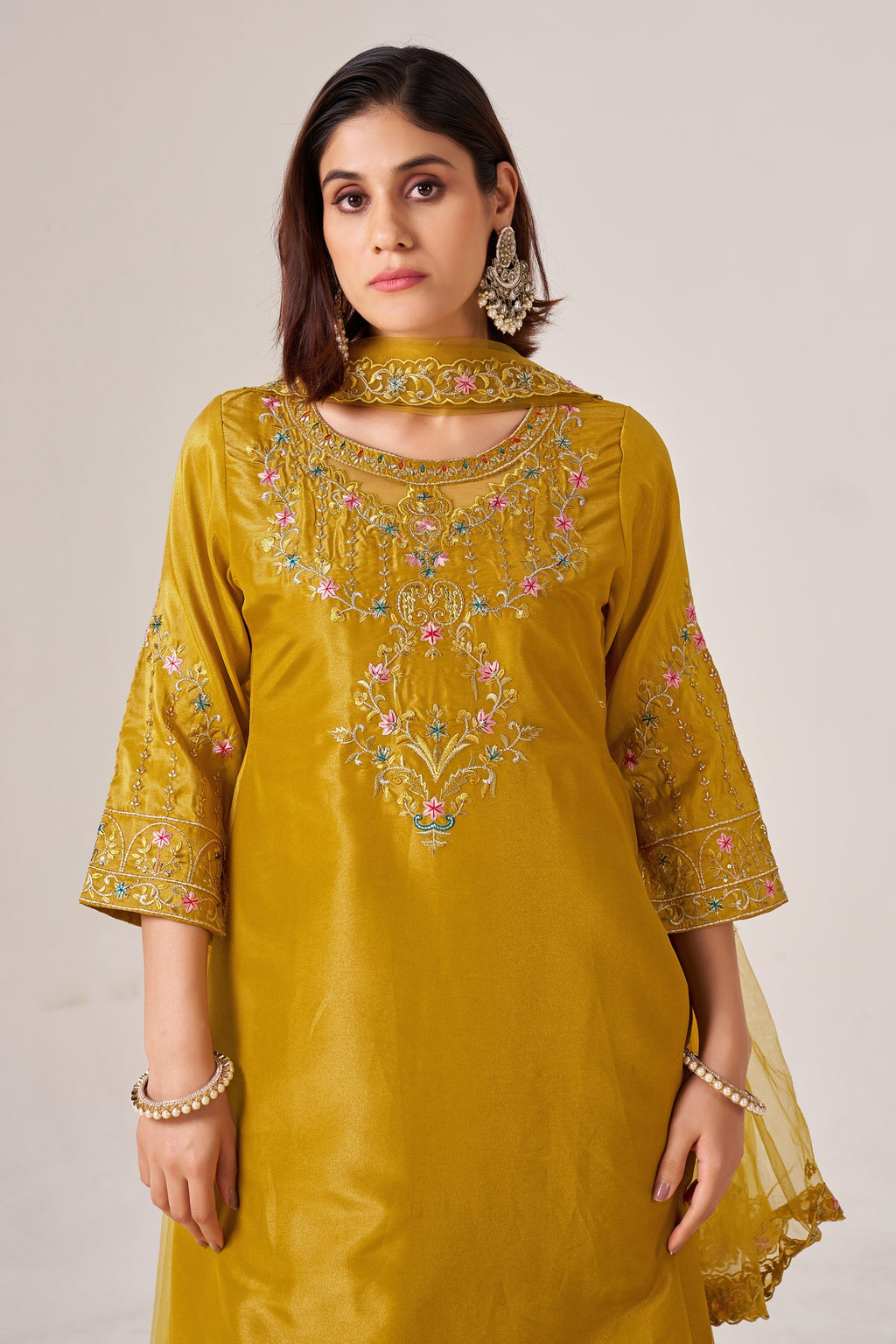 IOLY Women Ethnic Motifs Embroidered Pure Silk Kurta with Trousers & Dupatta