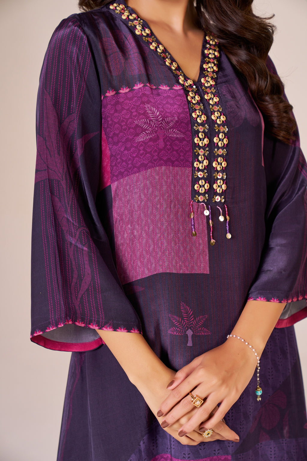 IOLY Women Printed Regular Beads and Stones Silk Crepe Kurta with Trousers