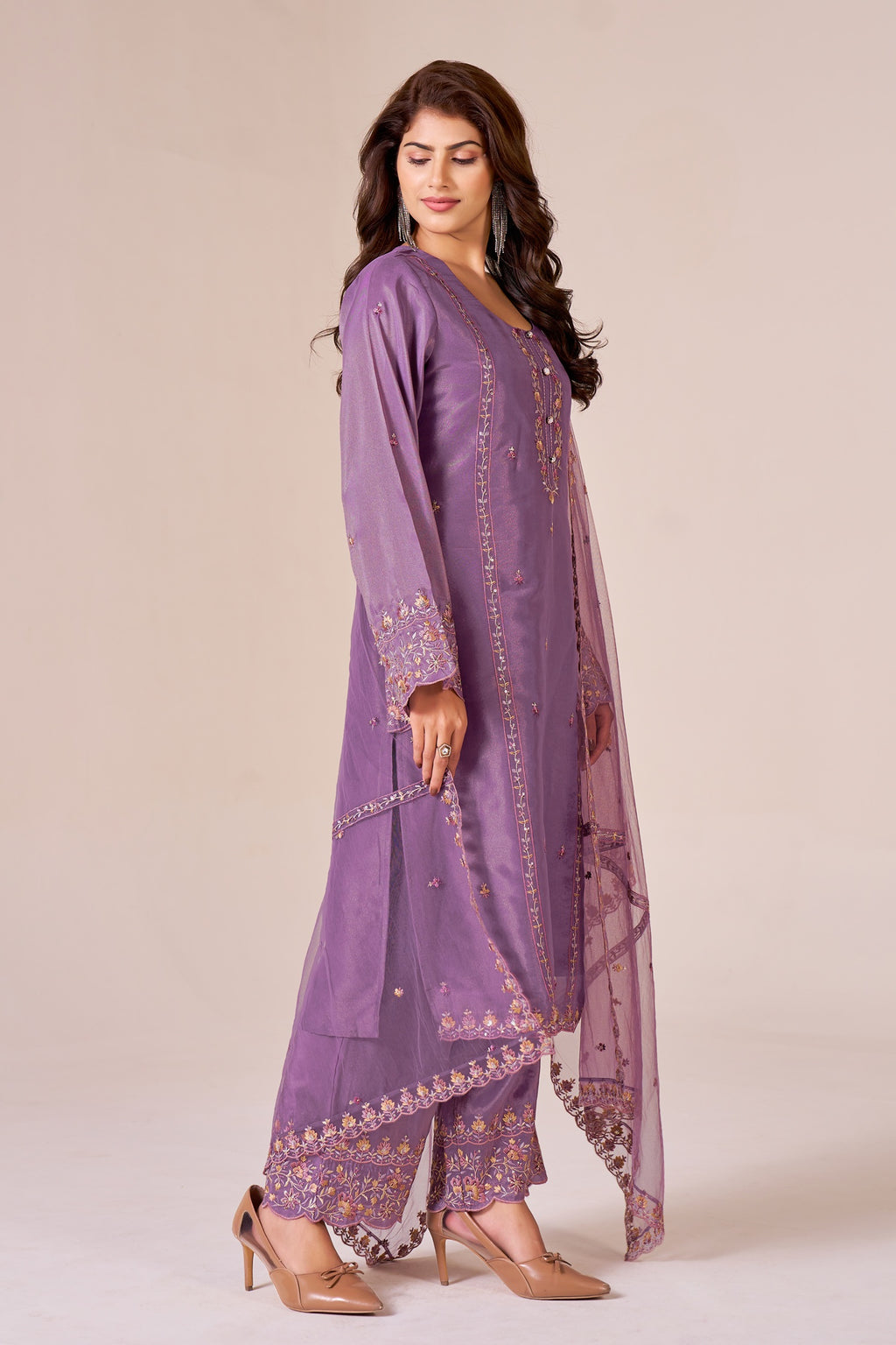 IOLY Ethnic Motifs Embroidered Thread Work Tissue Kurta With Trousers & Dupatta