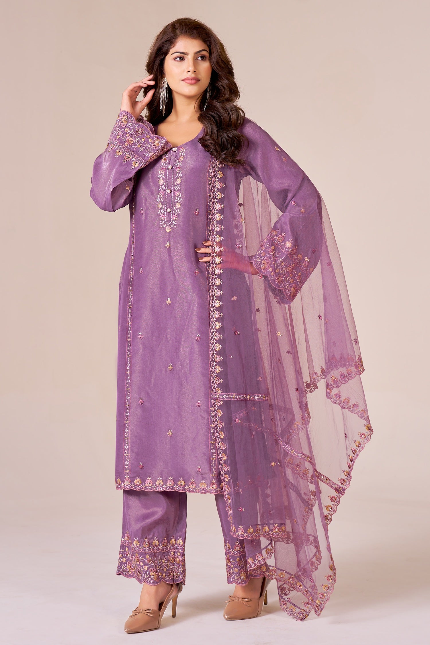 IOLY Ethnic Motifs Embroidered Thread Work Tissue Kurta With Trousers & Dupatta