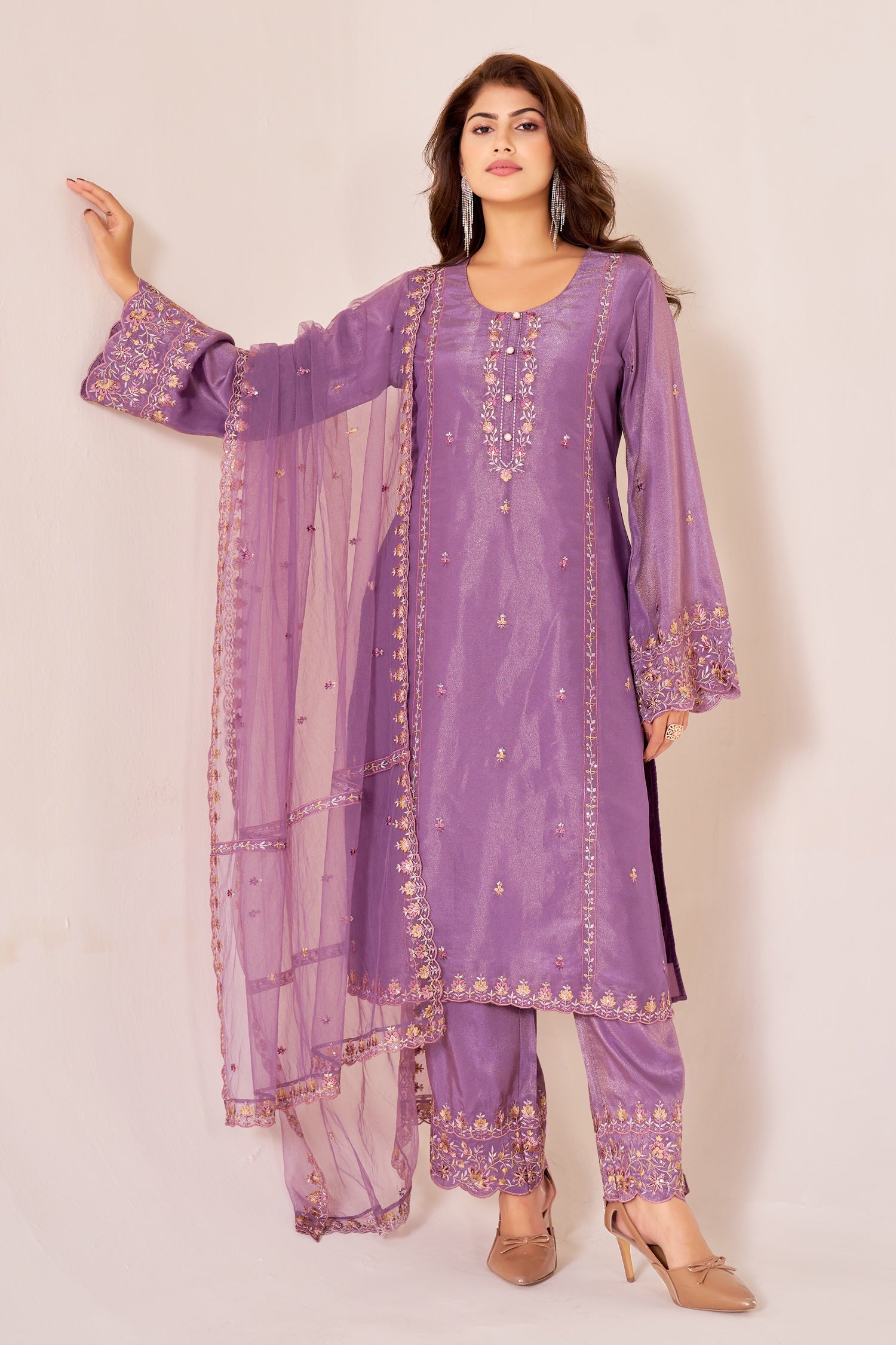 IOLY Ethnic Motifs Embroidered Thread Work Tissue Kurta With Trousers & Dupatta