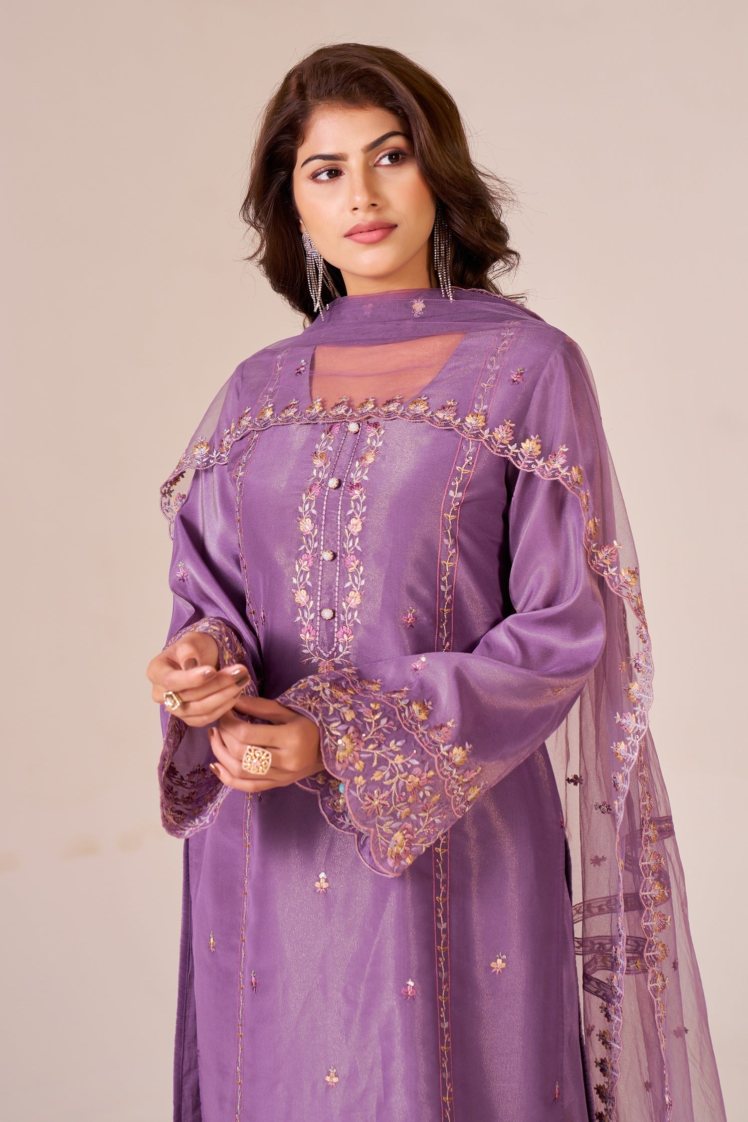 IOLY Ethnic Motifs Embroidered Thread Work Tissue Kurta With Trousers & Dupatta
